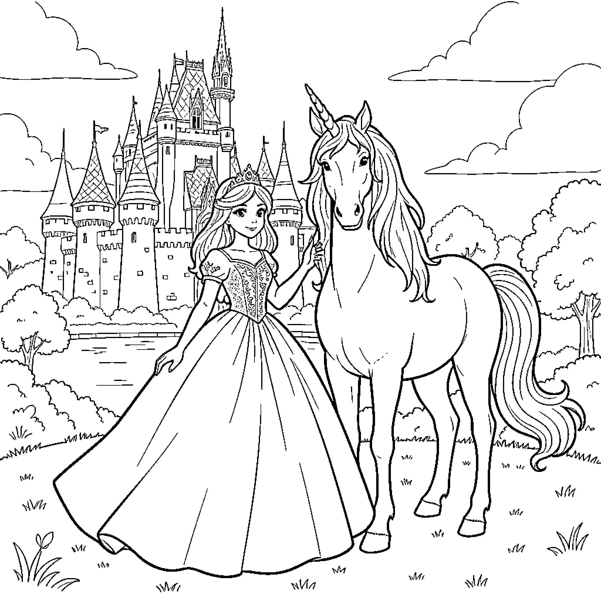 Princess in Enchanting Castle with Majestic Unicorn Coloring Page (free black-and-white line drawing printable PDF for all, from beginners to advanced learners, including children, teens, adults, and seniors)