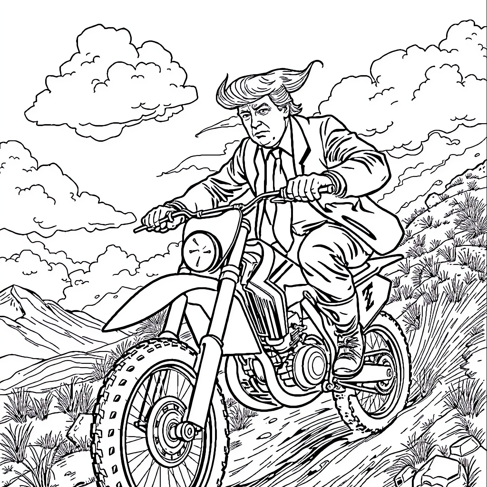 Trump riding a motorcycle through the wilderness Coloring Page (free black-and-white line drawing printable PDF for all, from beginners to advanced learners, including children, teens, adults, and seniors)