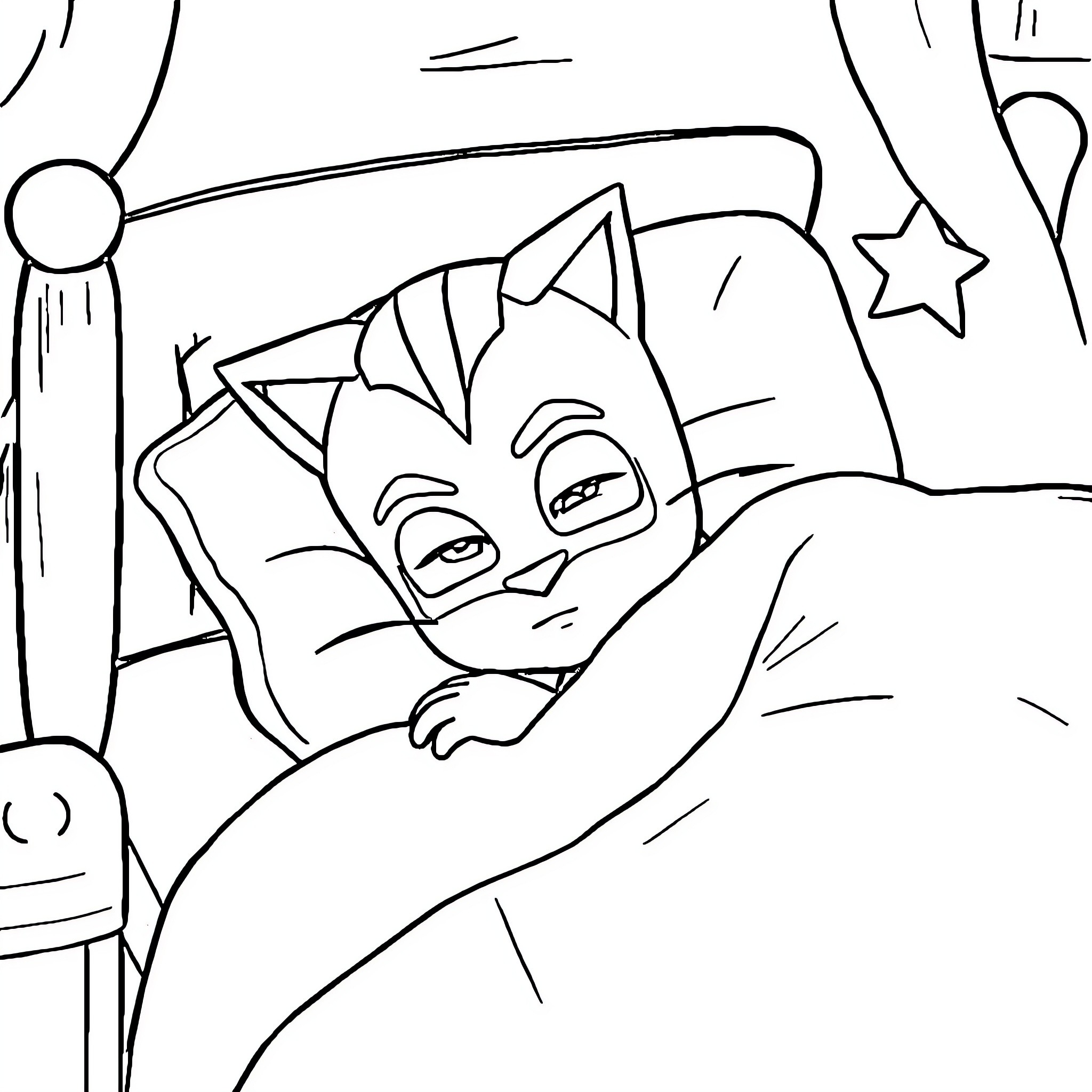 Catboy sleeping peacefully under the stars Coloring Page (free black-and-white line drawing printable PDF for all, from beginners to advanced learners, including children, teens, adults, and seniors)