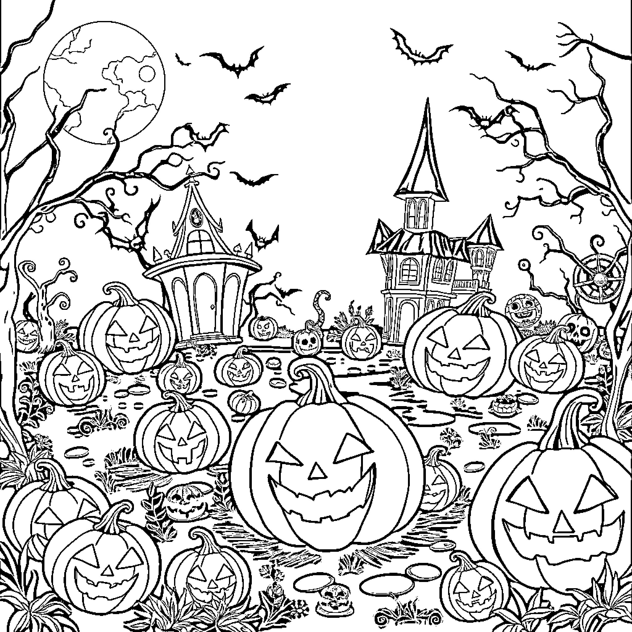 Halloween night with haunted house and pumpkins Coloring Page (free black-and-white line drawing printable PDF for all, from beginners to advanced learners, including children, teens, adults, and seniors)
