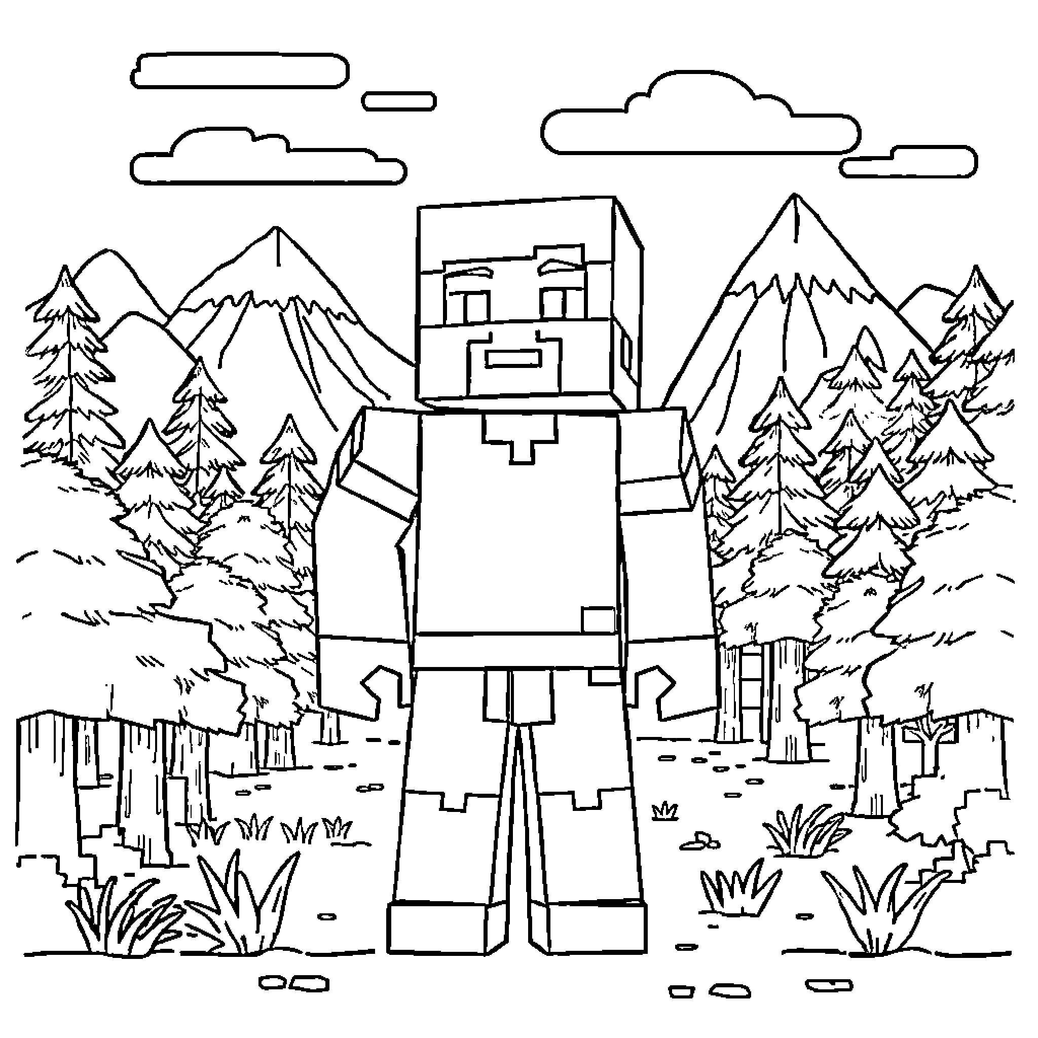 Steve exploring the blocky wilderness Coloring Page (free black-and-white line drawing printable PDF for all, from beginners to advanced learners, including children, teens, adults, and seniors)