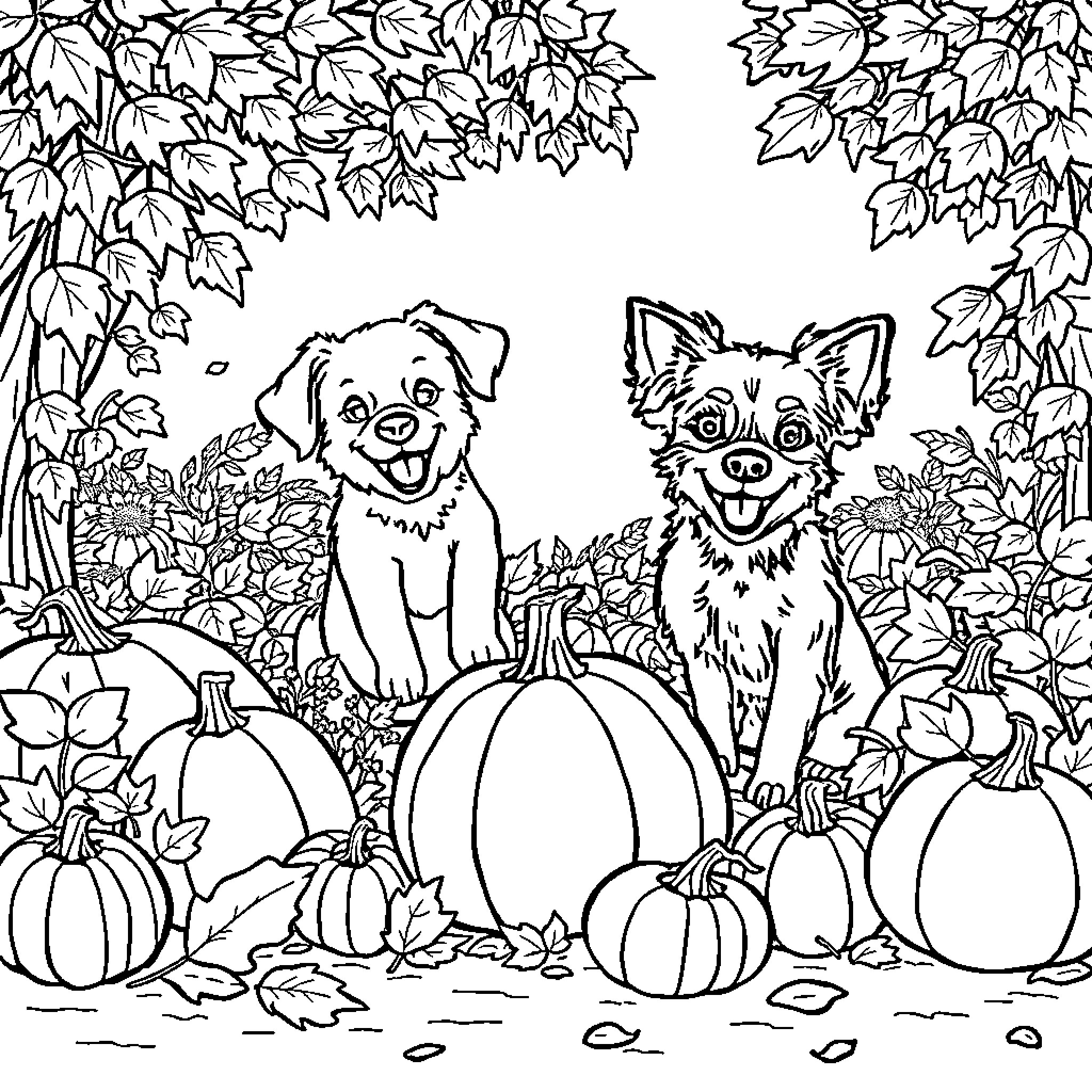 Dog and Cat in Fall Leaf Pumpkin Patch Coloring Page (free black-and-white line drawing printable PDF for all, from beginners to advanced learners, including children, teens, adults, and seniors)