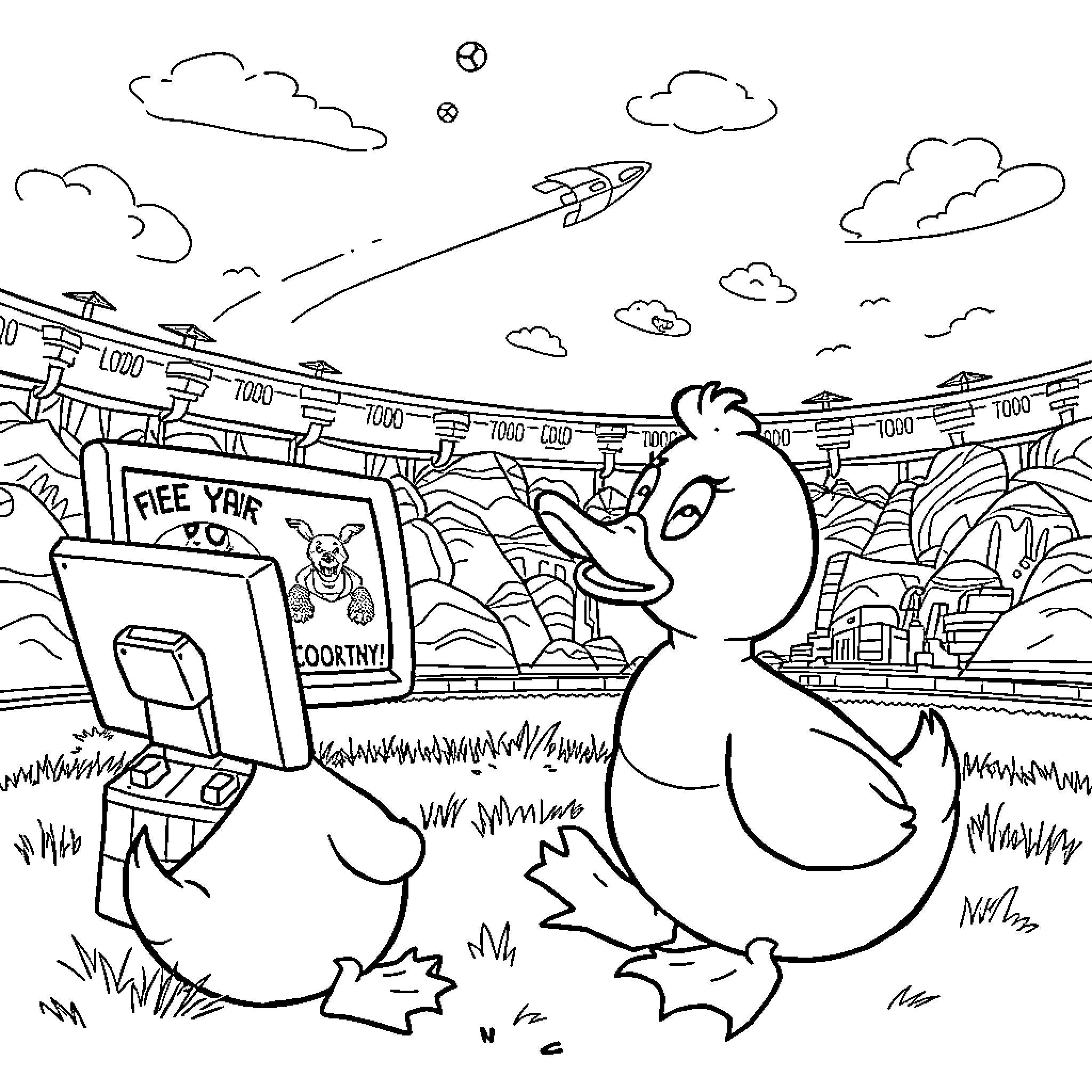 Ducky exploring an outdoor scene with a video game console Coloring Page (free black-and-white line drawing printable PDF for all, from beginners to advanced learners, including children, teens, adults, and seniors)