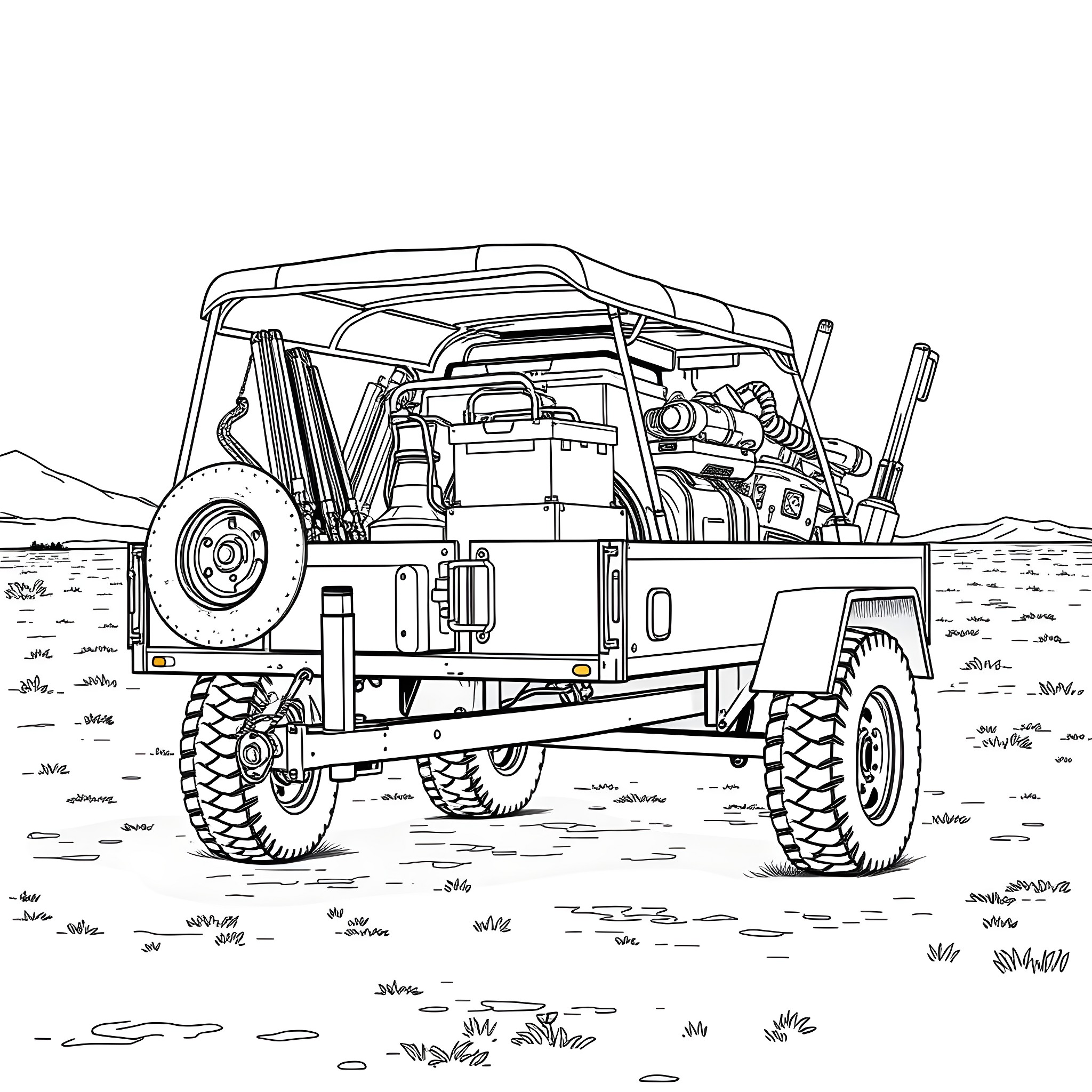 Car Trailer Loaded with Rugged Outdoor Equipment Coloring Page (free black-and-white line drawing printable PDF for all, from beginners to advanced learners, including children, teens, adults, and seniors)