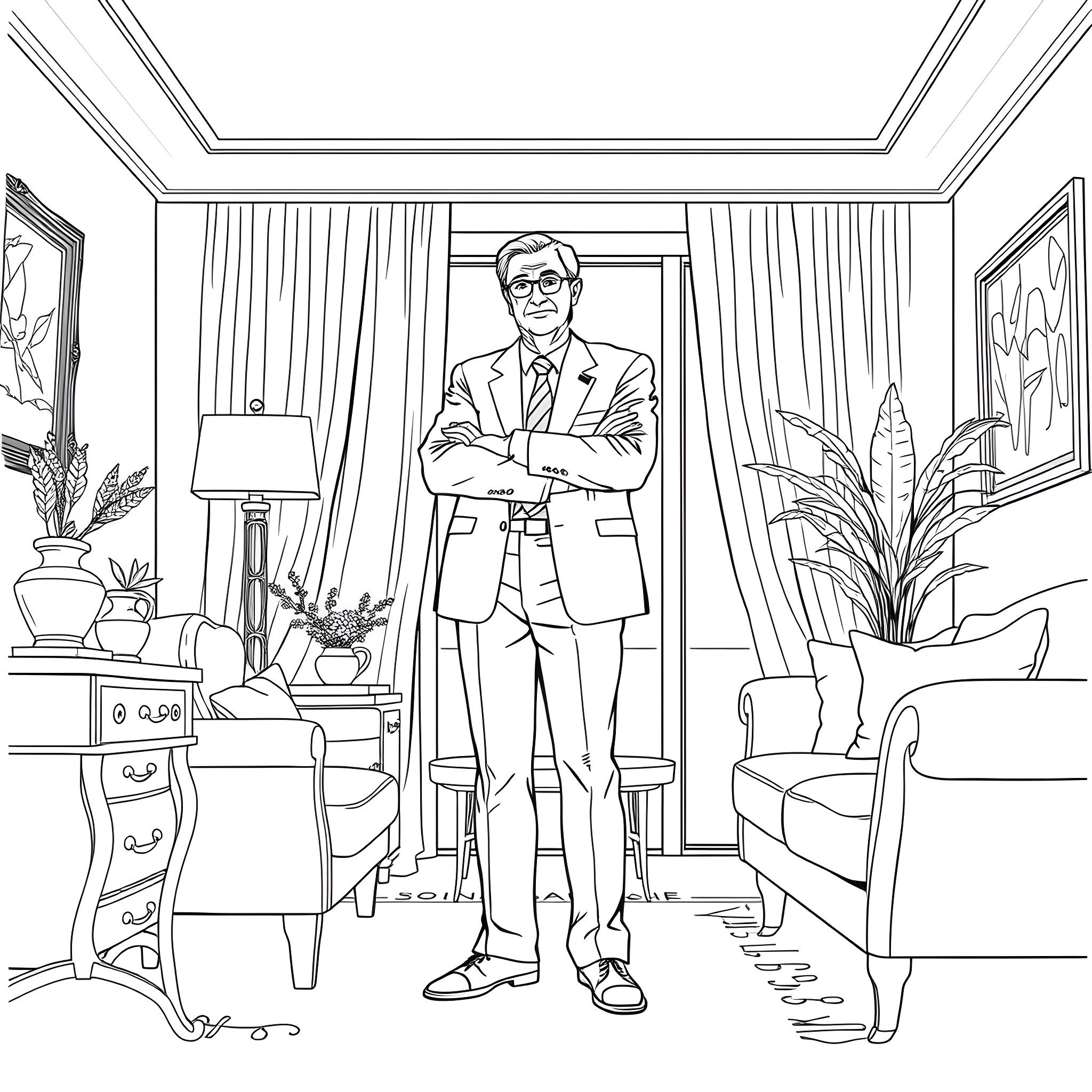 Adult man standing confidently in an elegant room Coloring Page (free black-and-white line drawing printable PDF for all, from beginners to advanced learners, including children, teens, adults, and seniors)
