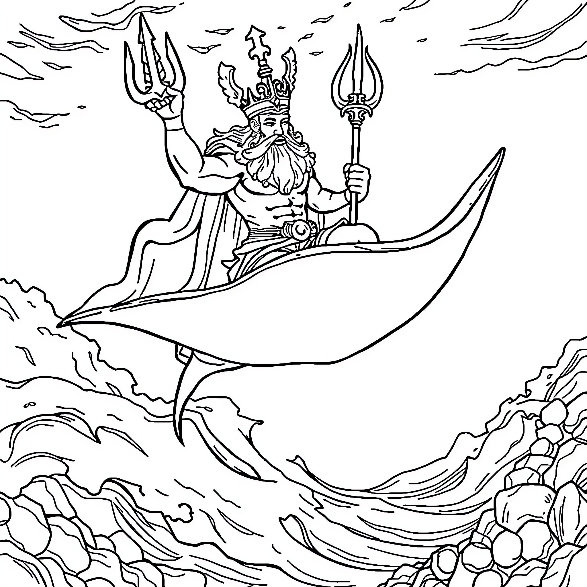 Neptune's Mystical Sea Voyage Coloring Page (free black-and-white line drawing printable PDF for all, from beginners to advanced learners, including children, teens, adults, and seniors)