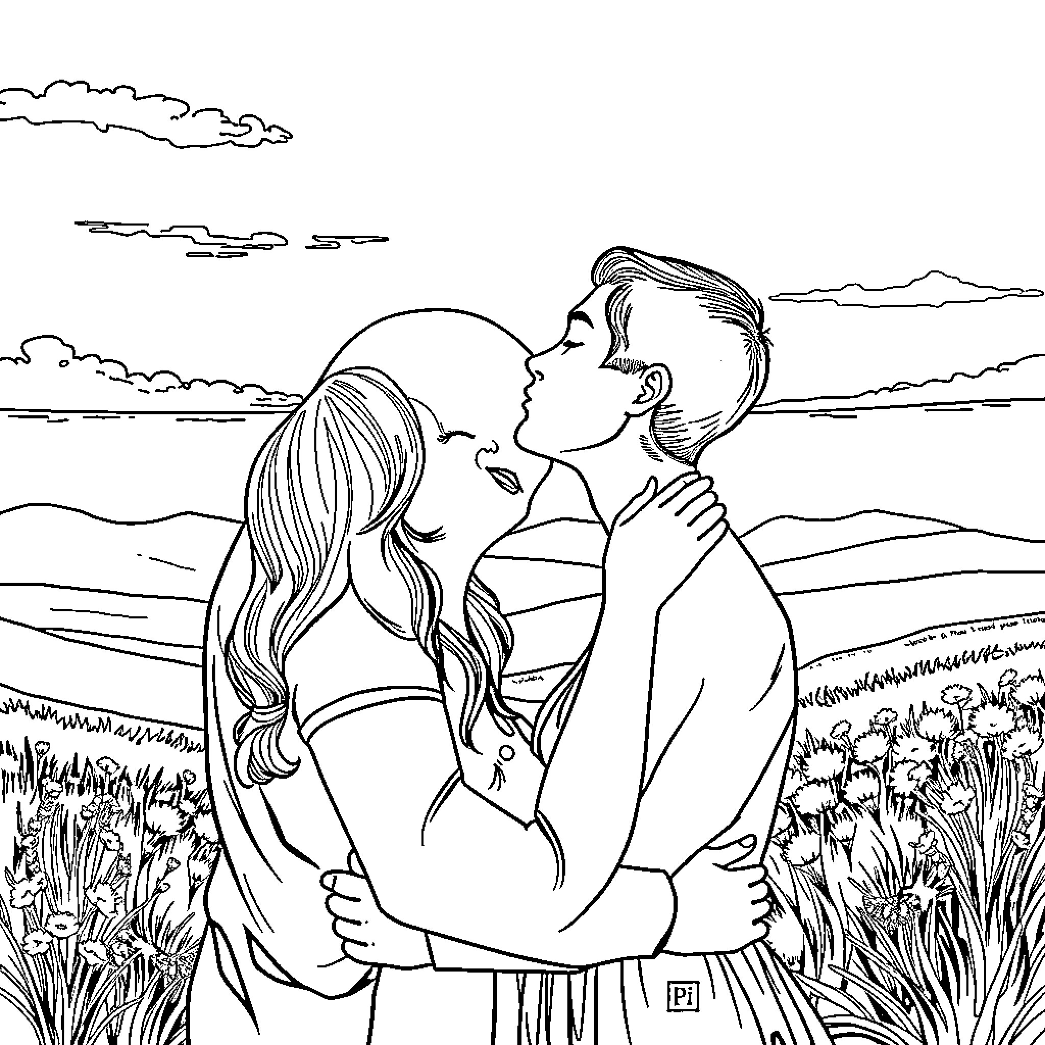 Wife and husband embrace in scenic landscape Coloring Page (free black-and-white line drawing printable PDF for all, from beginners to advanced learners, including children, teens, adults, and seniors)