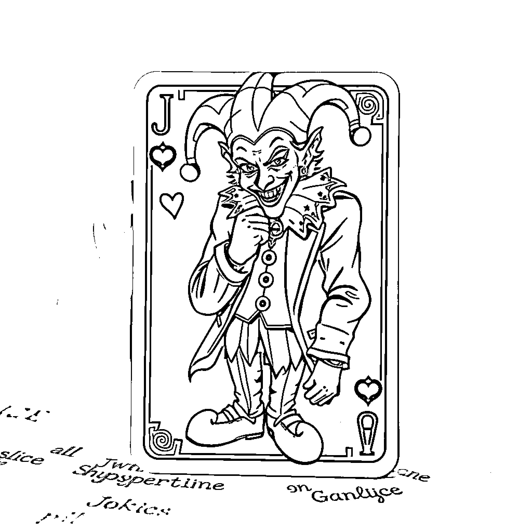 Joker card portrayal with mischievous expression Coloring Page (free black-and-white line drawing printable PDF for all, from beginners to advanced learners, including children, teens, adults, and seniors)