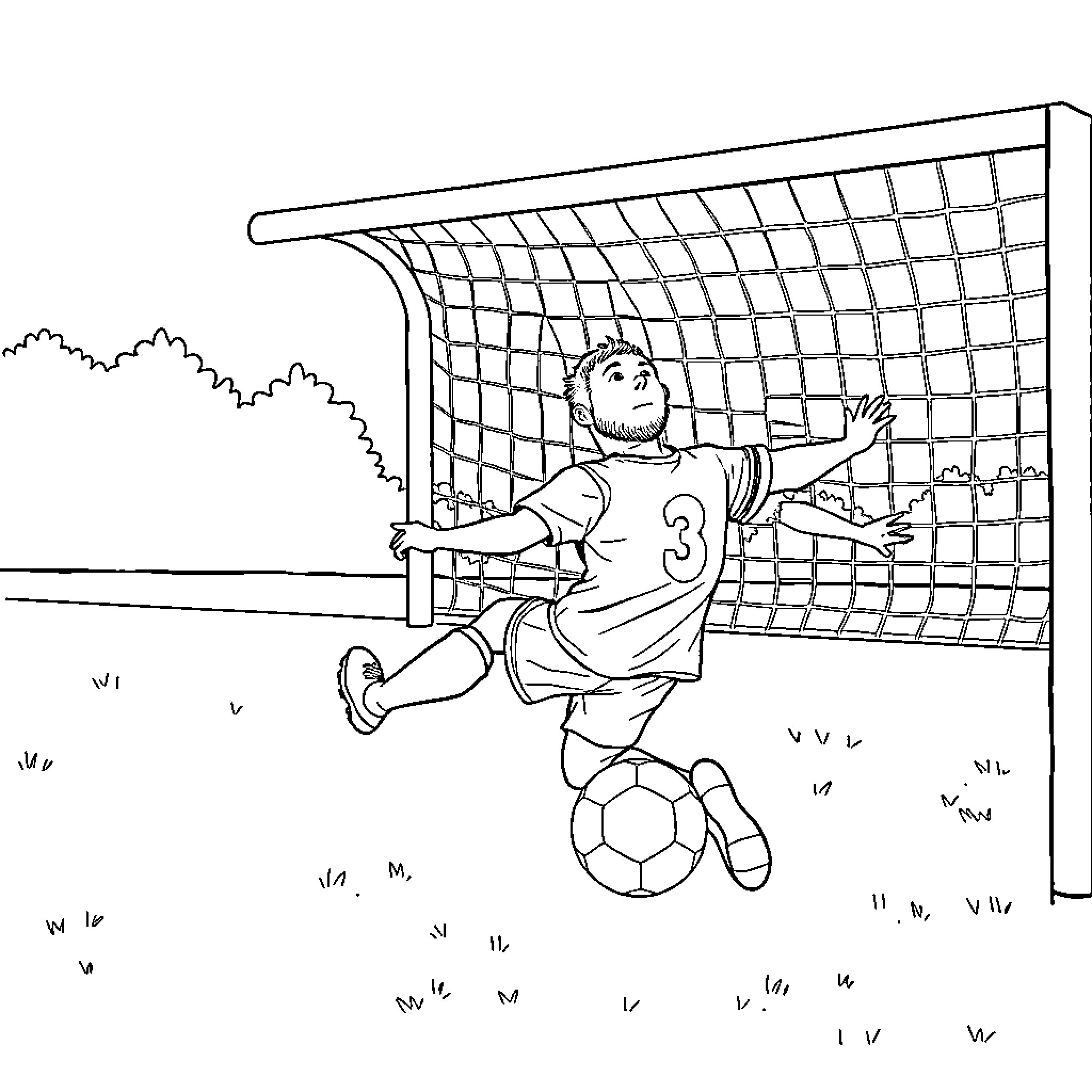 Soccer Player Diving to Block a Shot Coloring Page (free black-and-white line drawing printable PDF for all, from beginners to advanced learners, including children, teens, adults, and seniors)