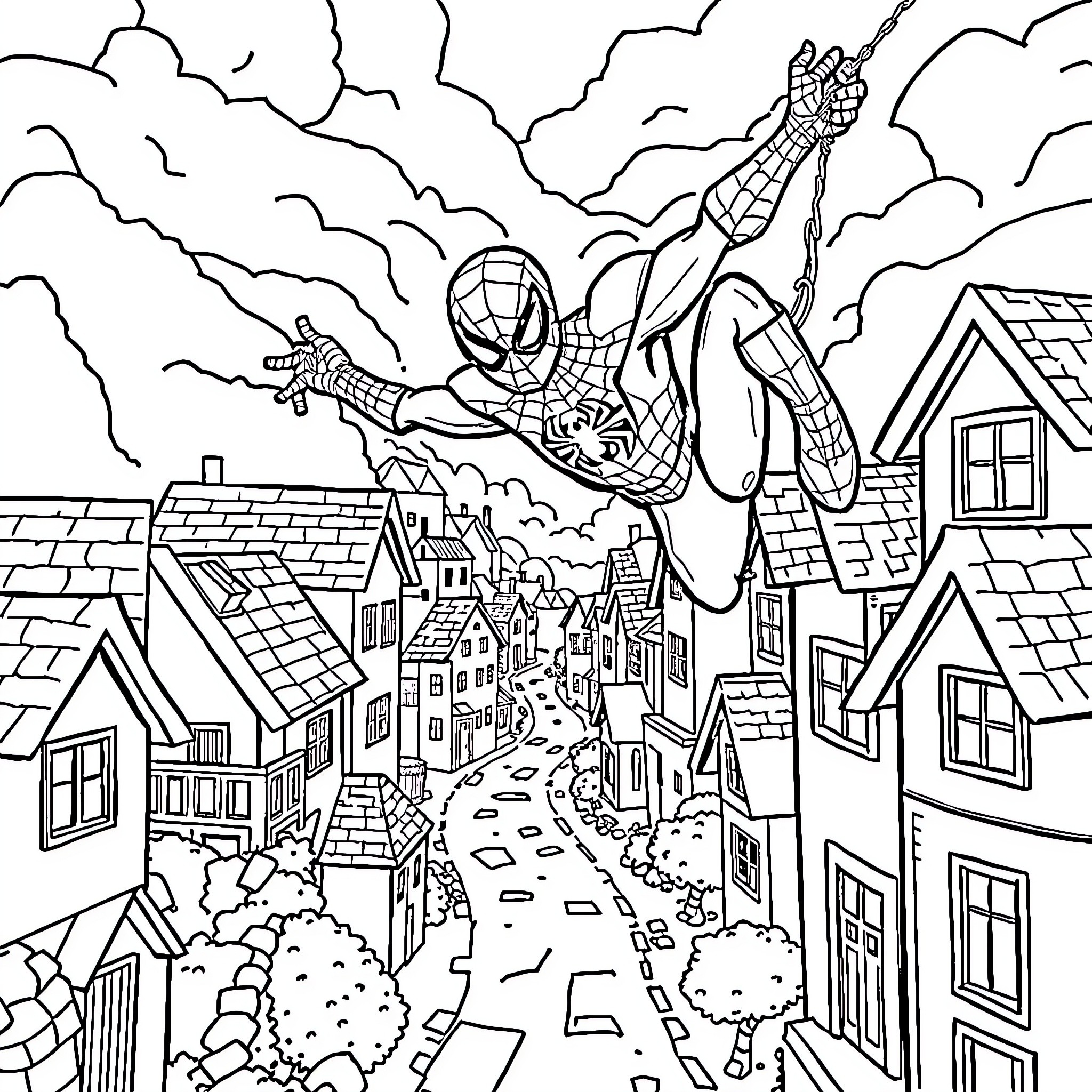 Spider-Man swinging through a city with buildings Coloring Page (free black-and-white line drawing printable PDF for all, from beginners to advanced learners, including children, teens, adults, and seniors)