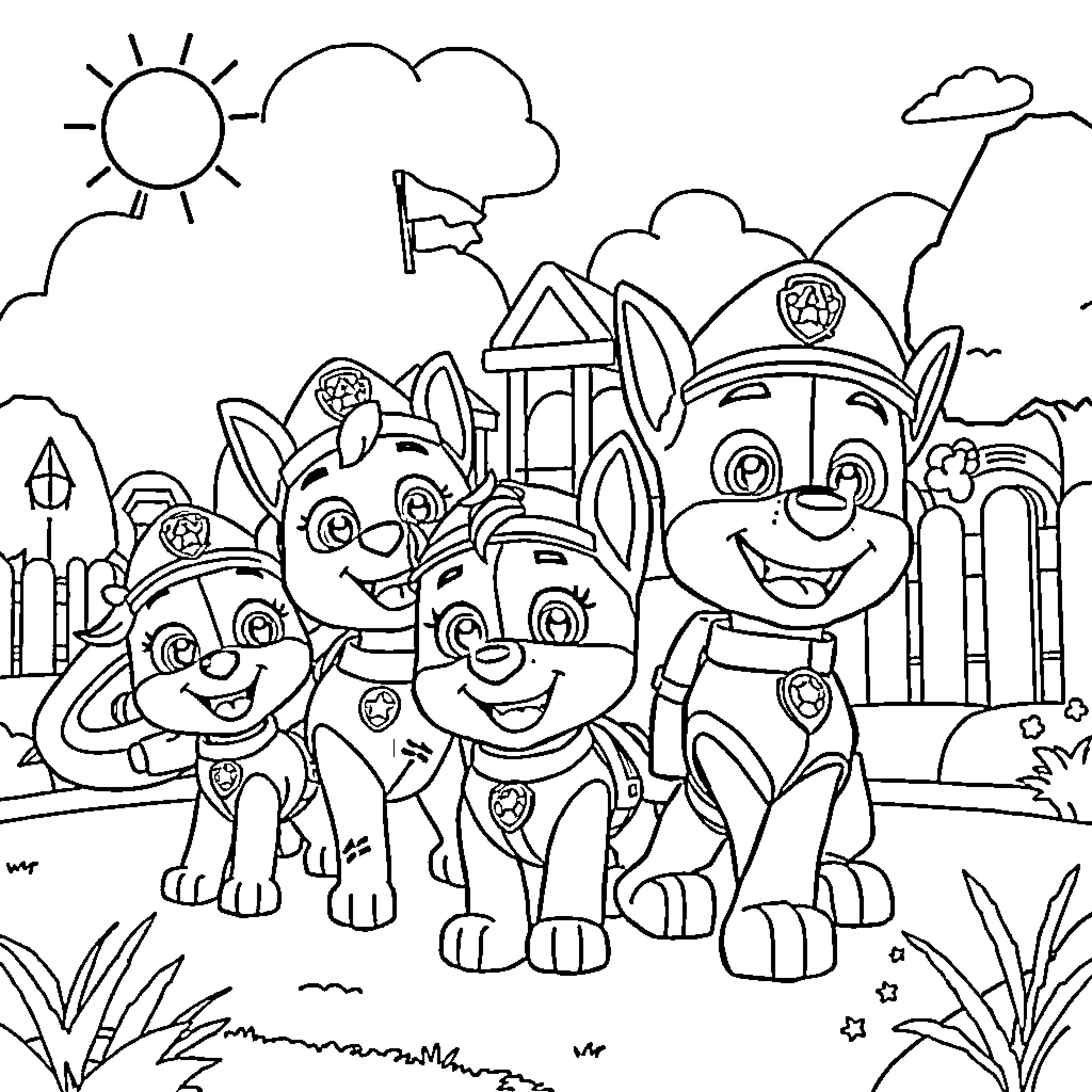 Paw Patrol characters in an outdoor scene Coloring Page (free black-and-white line drawing printable PDF for all, from beginners to advanced learners, including children, teens, adults, and seniors)
