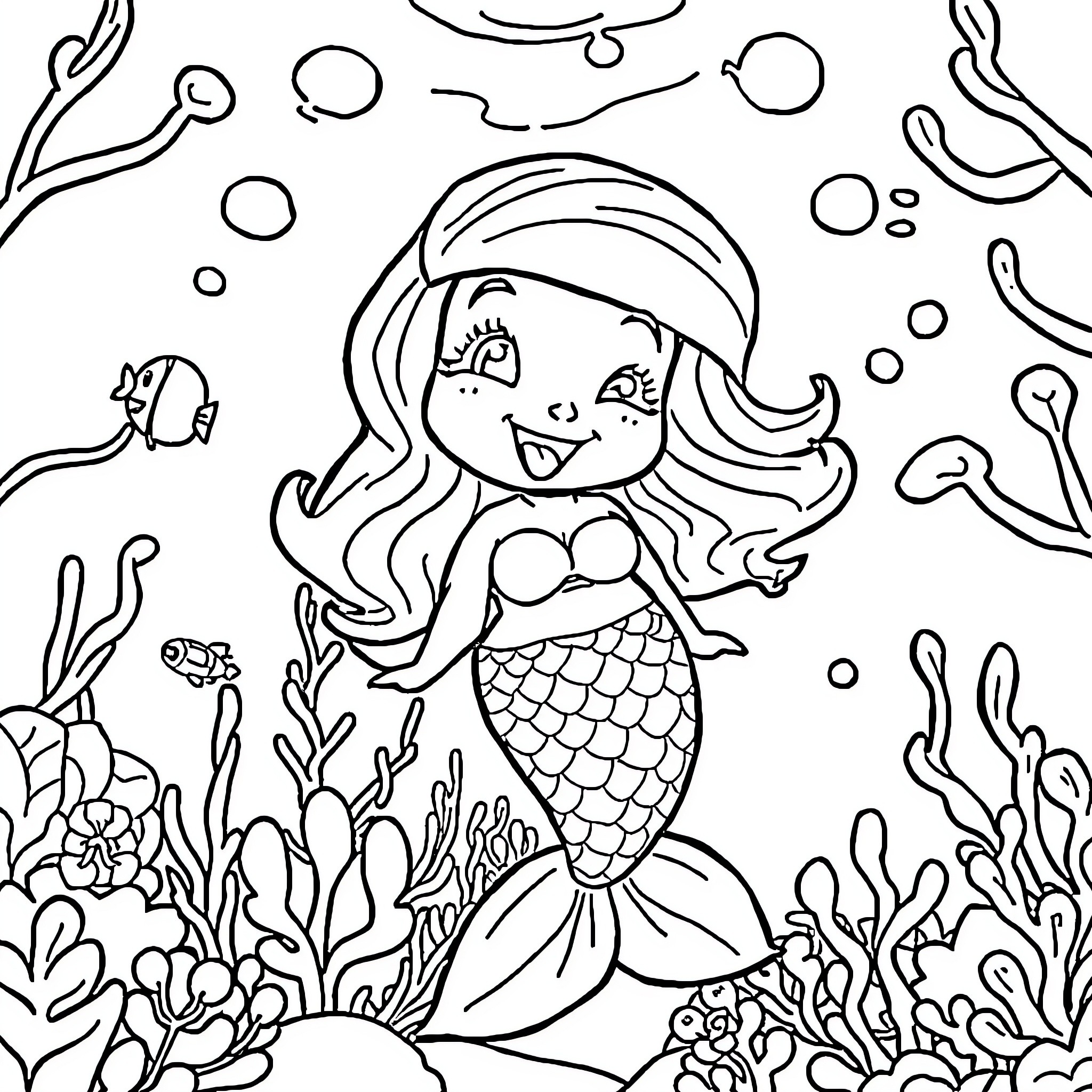 Mermaid exploring the underwater world Coloring Page (free black-and-white line drawing printable PDF for all, from beginners to advanced learners, including children, teens, adults, and seniors)