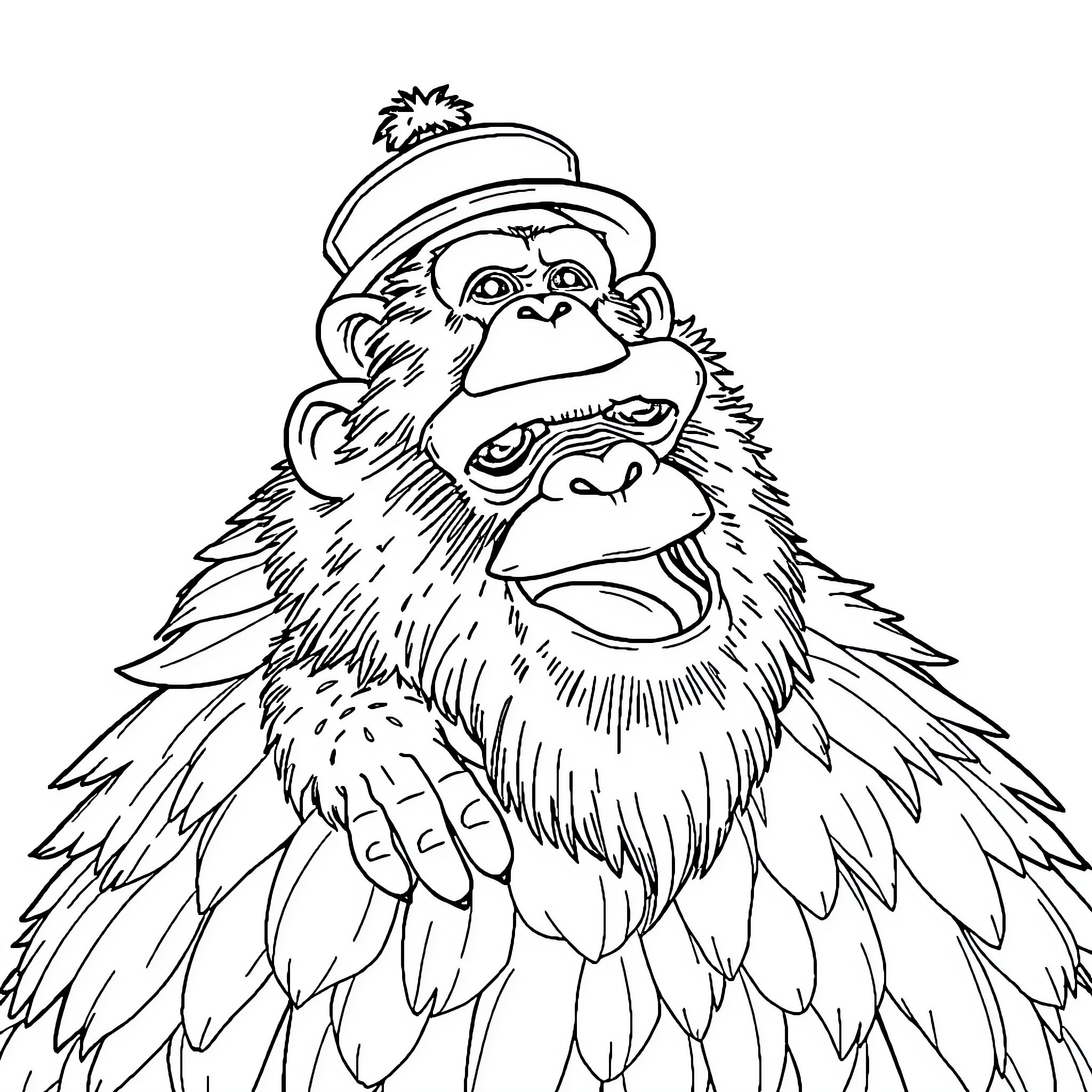Chimpanzee wearing a hat and expressing emotions Coloring Page (free black-and-white line drawing printable PDF for all, from beginners to advanced learners, including children, teens, adults, and seniors)