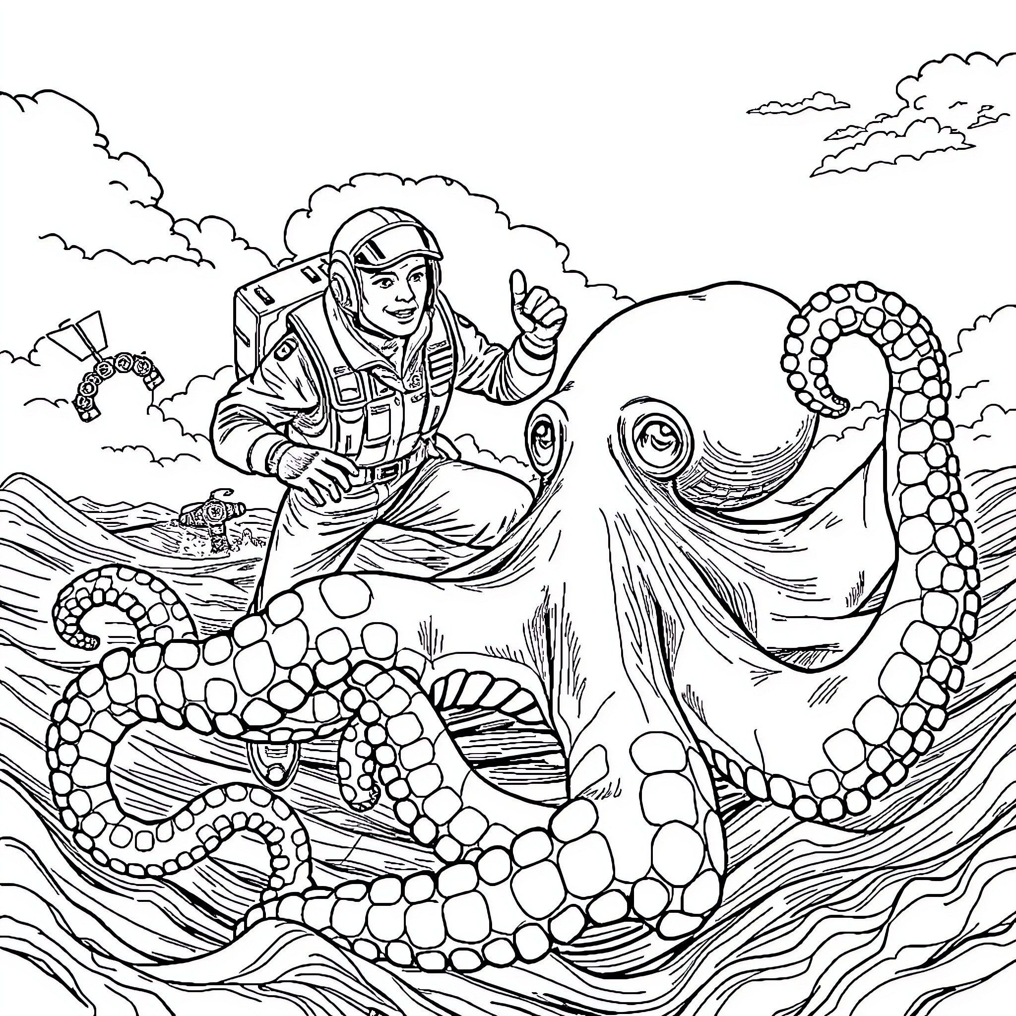 Pilot navigating through fantastical alien landscape Coloring Page (free black-and-white line drawing printable PDF for all, from beginners to advanced learners, including children, teens, adults, and seniors)