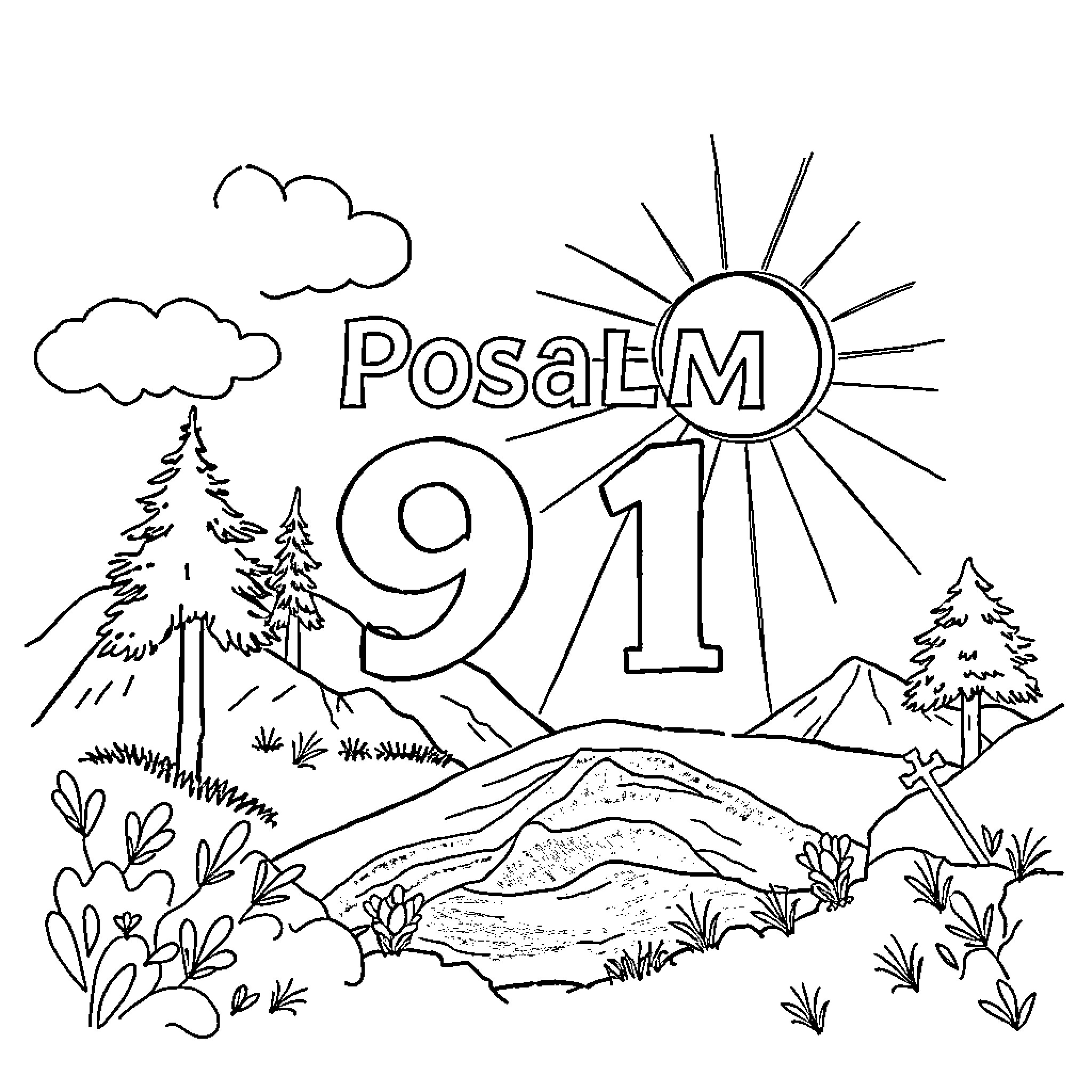 Psalm 91: Scenes of Nature and Worship Coloring Page (free black-and-white line drawing printable PDF for all, from beginners to advanced learners, including children, teens, adults, and seniors)