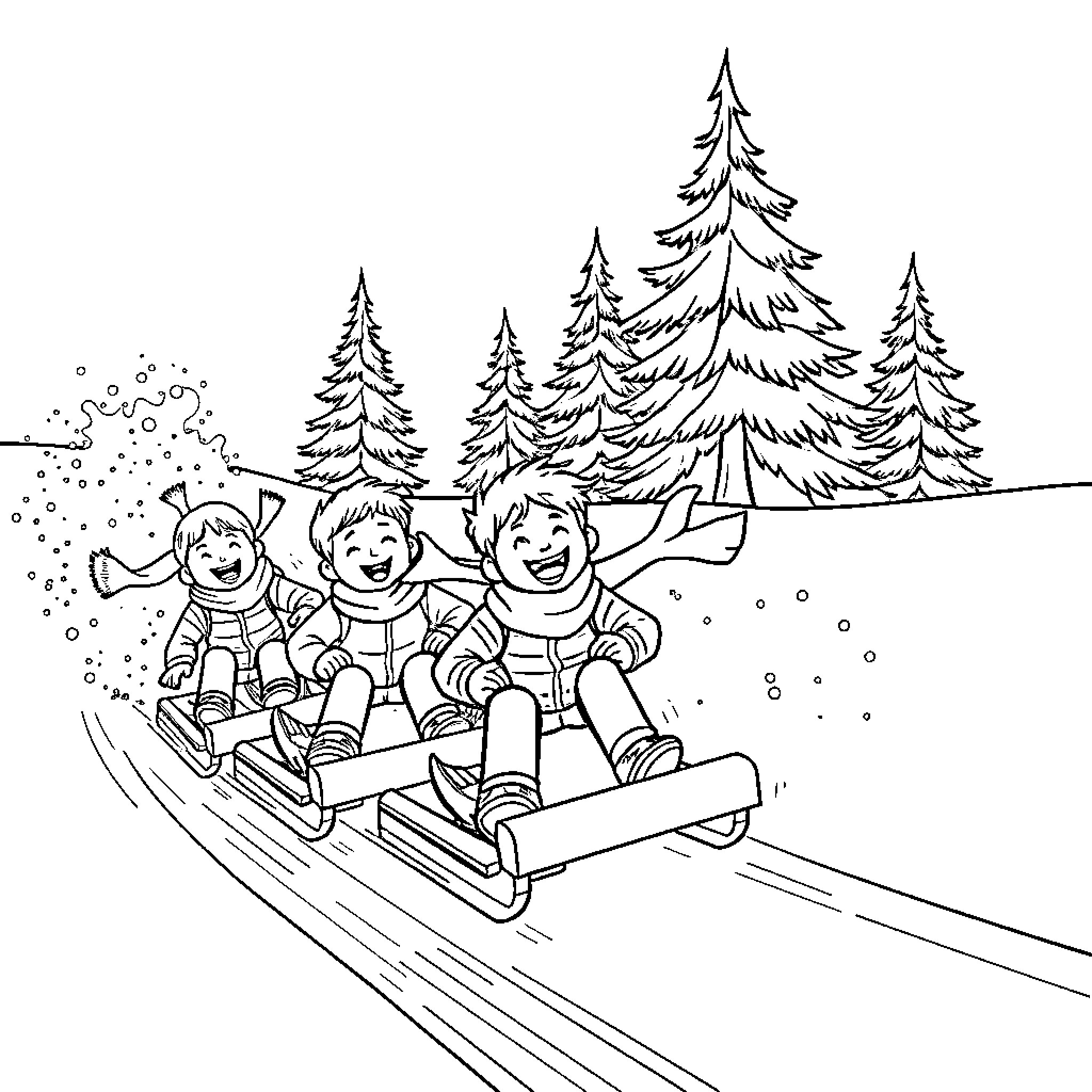Kid friends sledding in winter wonderland Coloring Page (free black-and-white line drawing printable PDF for all, from beginners to advanced learners, including children, teens, adults, and seniors)