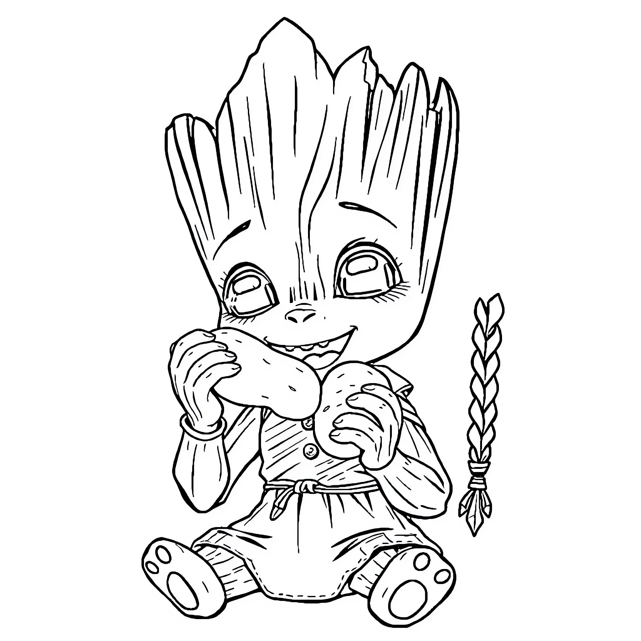 Groot playing with toys in a cozy scene Coloring Page (free black-and-white line drawing printable PDF for all, from beginners to advanced learners, including children, teens, adults, and seniors)