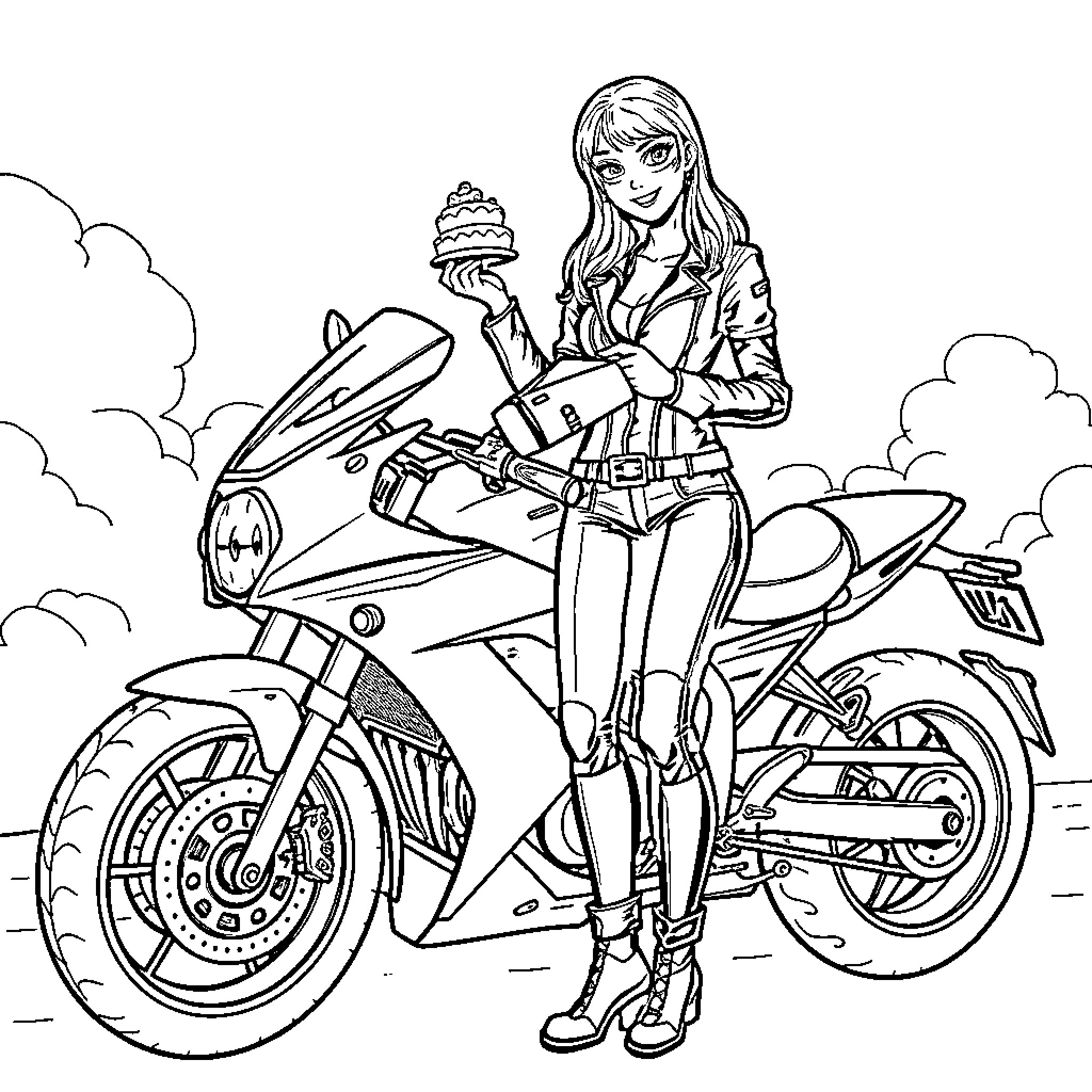 Lady Biker Poses with Motorcycle on the Road Coloring Page (free black-and-white line drawing printable PDF for all, from beginners to advanced learners, including children, teens, adults, and seniors)