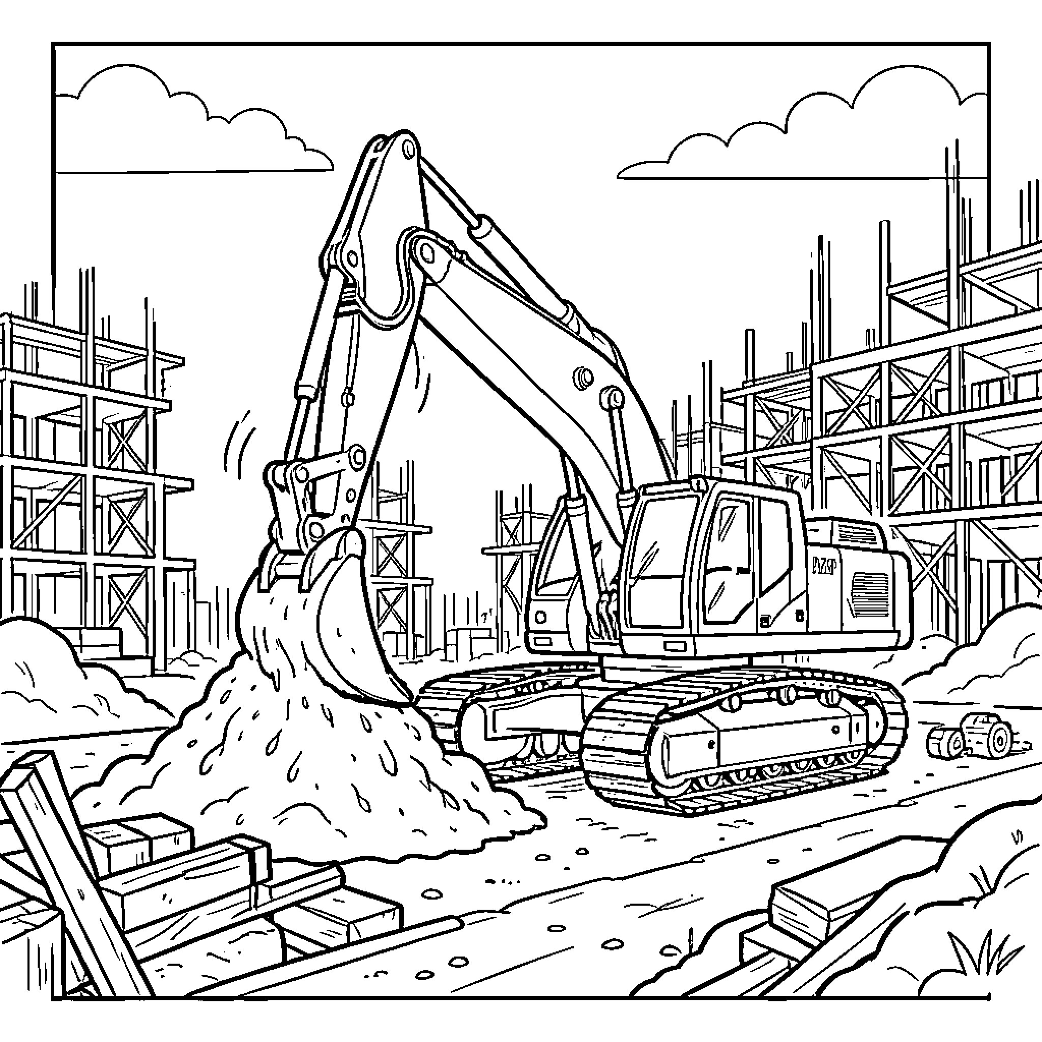 Machinery at a Construction Site Coloring Page (free black-and-white line drawing printable PDF for all, from beginners to advanced learners, including children, teens, adults, and seniors)