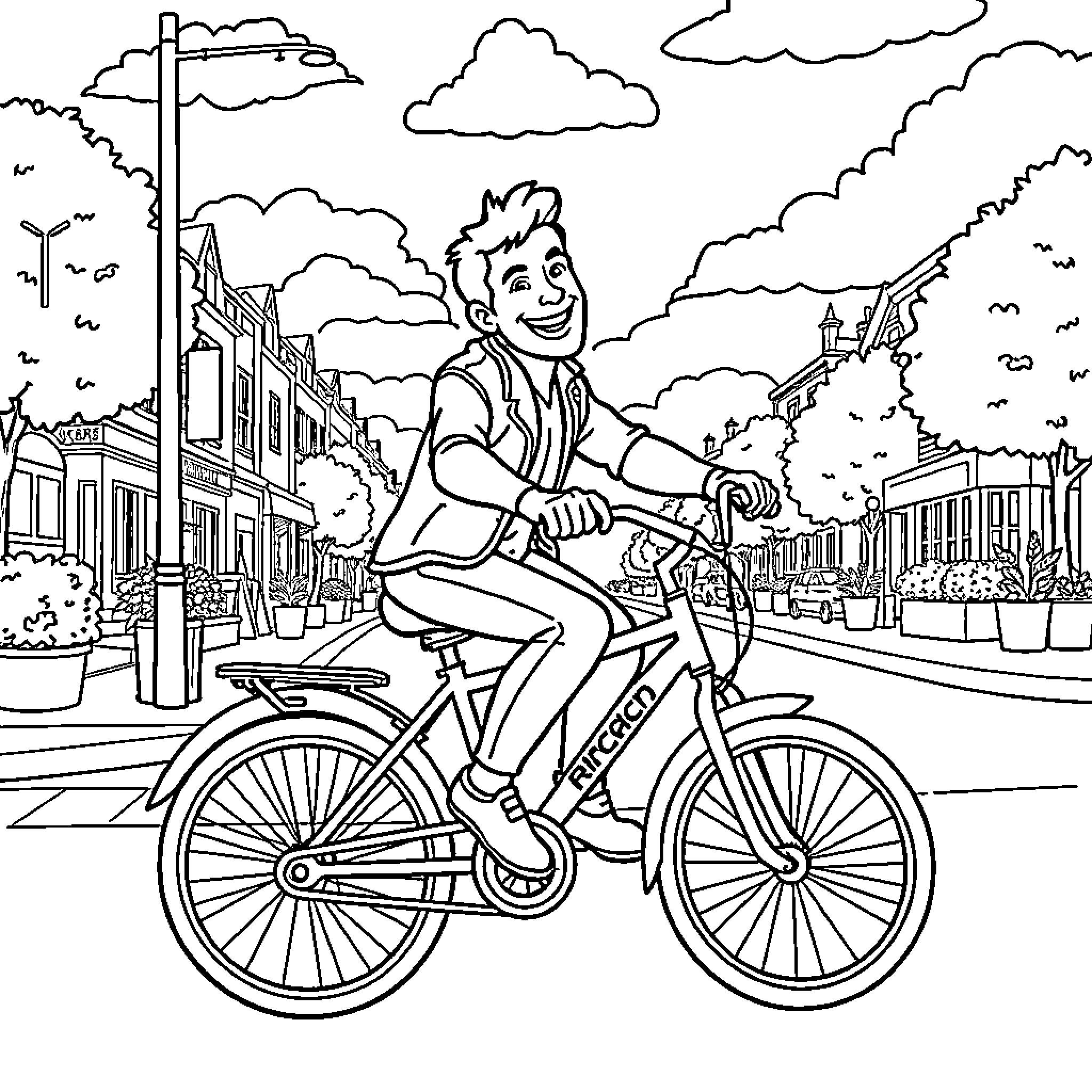 Prince rides bicycle through town Coloring Page (free black-and-white line drawing printable PDF for all, from beginners to advanced learners, including children, teens, adults, and seniors)