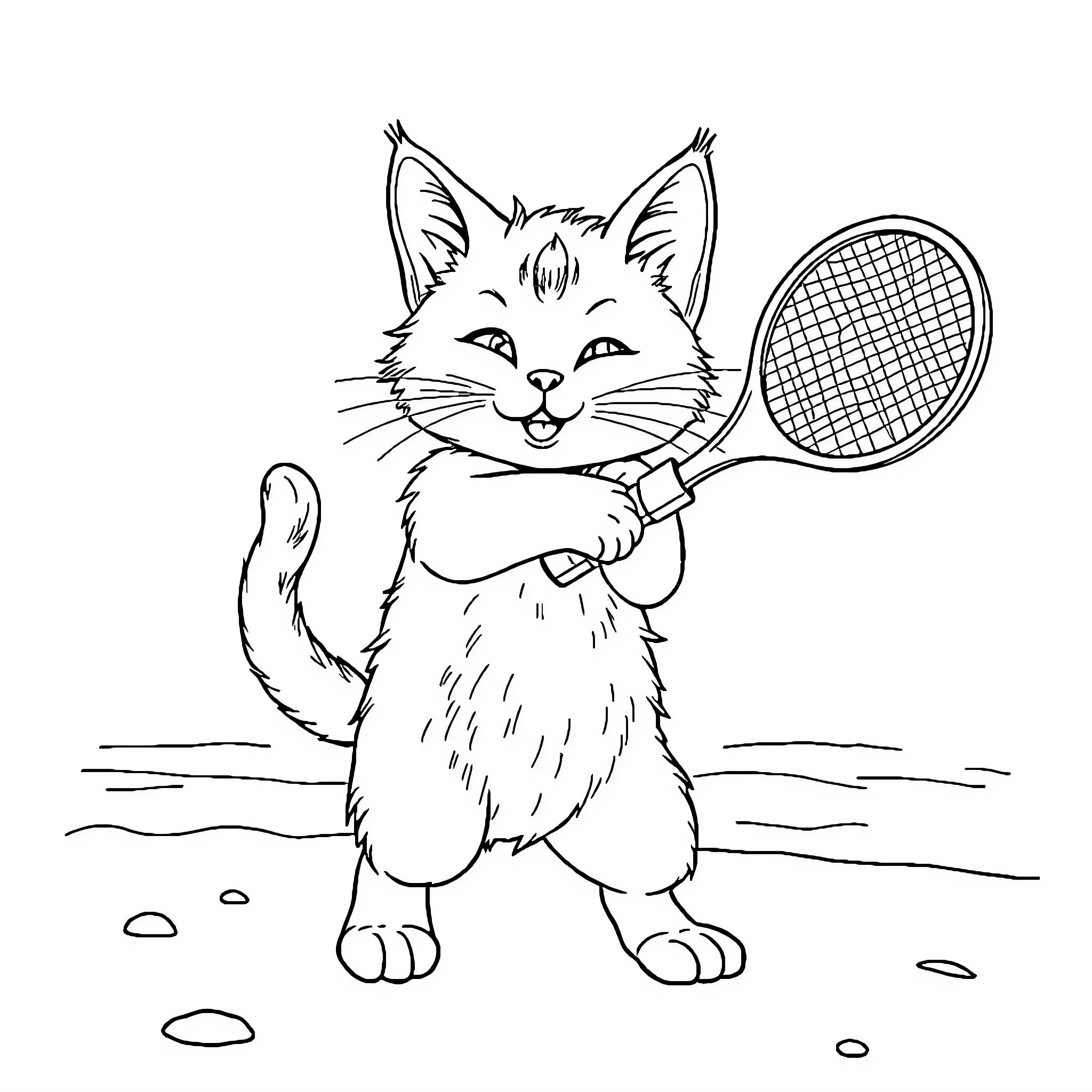 Cat playing with a tennis racket Coloring Page (free black-and-white line drawing printable PDF for all, from beginners to advanced learners, including children, teens, adults, and seniors)