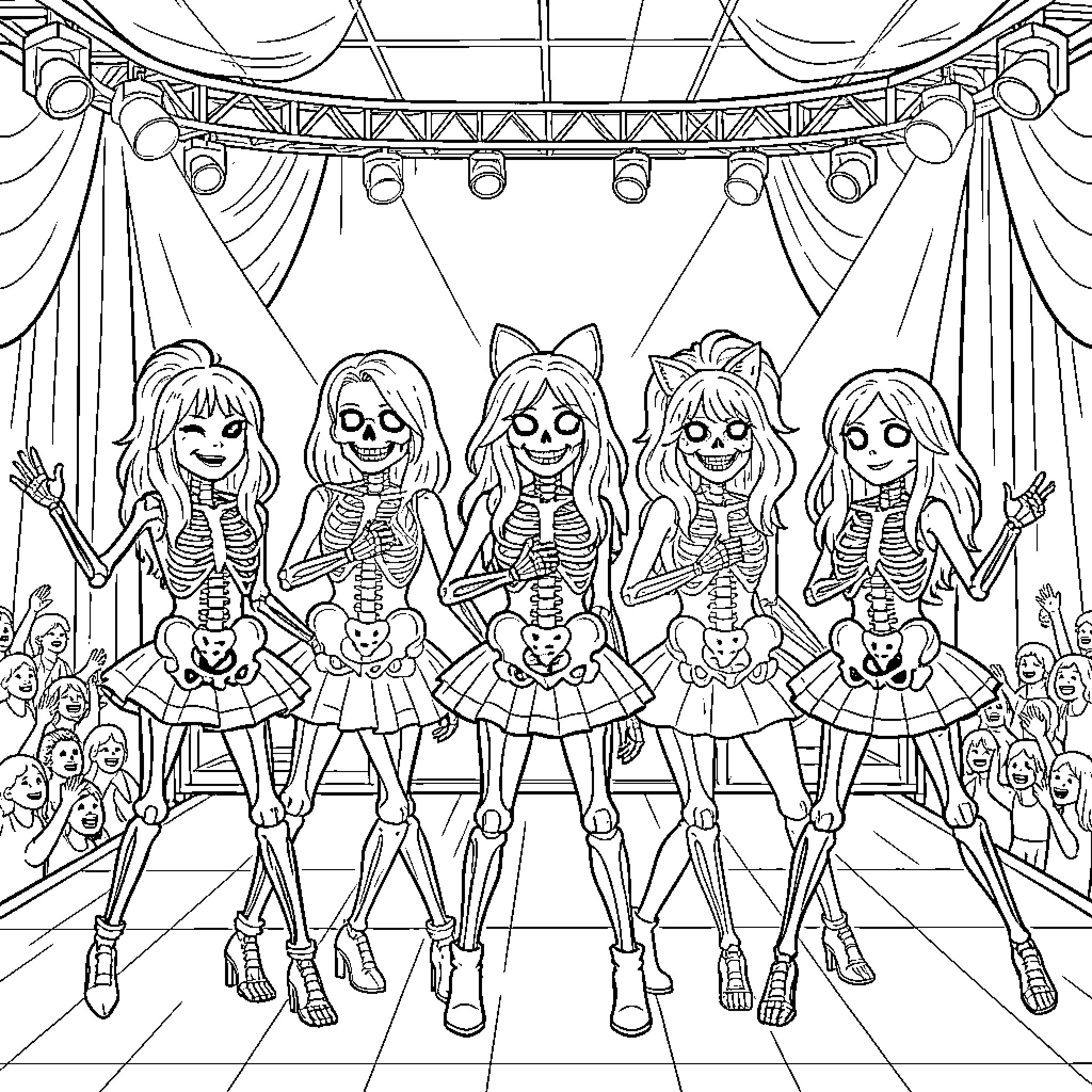 Kissing music idols performing on a concert stage Coloring Page (free black-and-white line drawing printable PDF for all, from beginners to advanced learners, including children, teens, adults, and seniors)