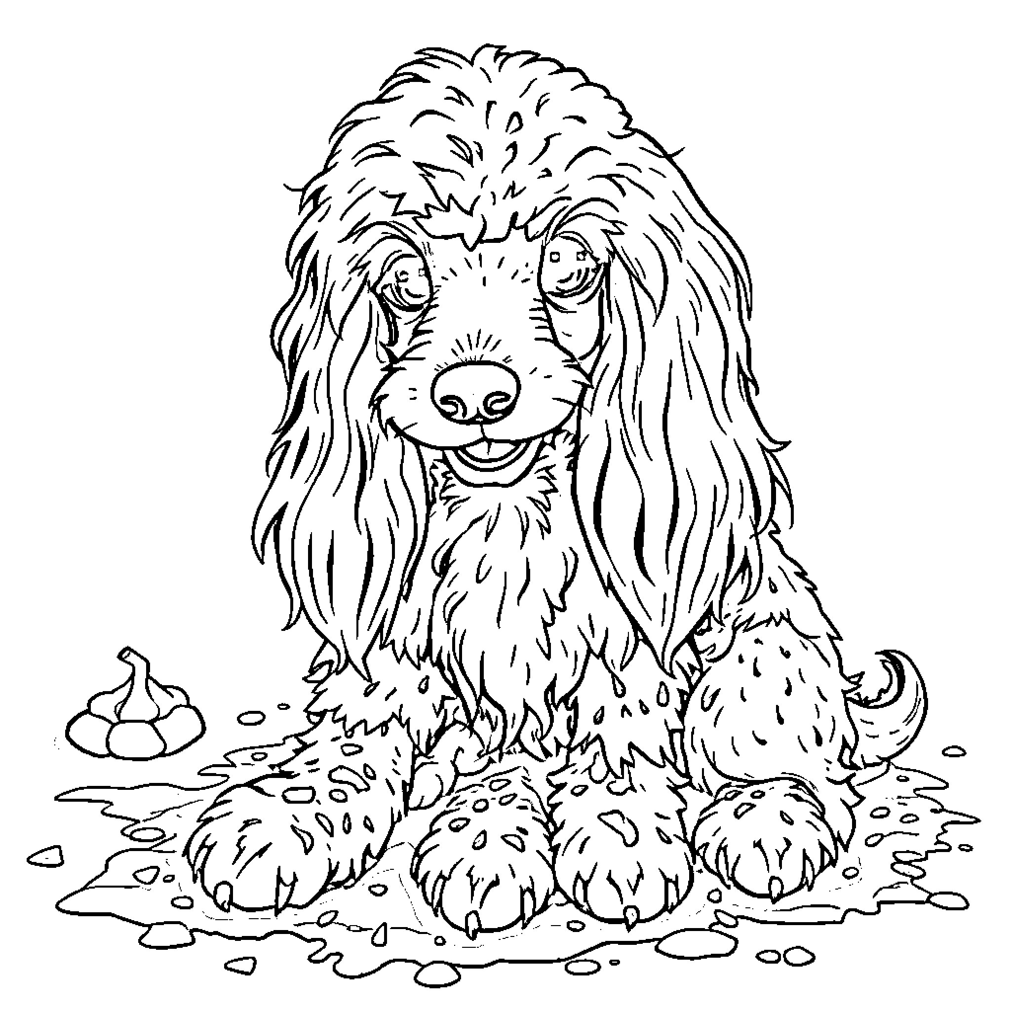 Poodle enjoying muddy playtime Coloring Page (free black-and-white line drawing printable PDF for all, from beginners to advanced learners, including children, teens, adults, and seniors)