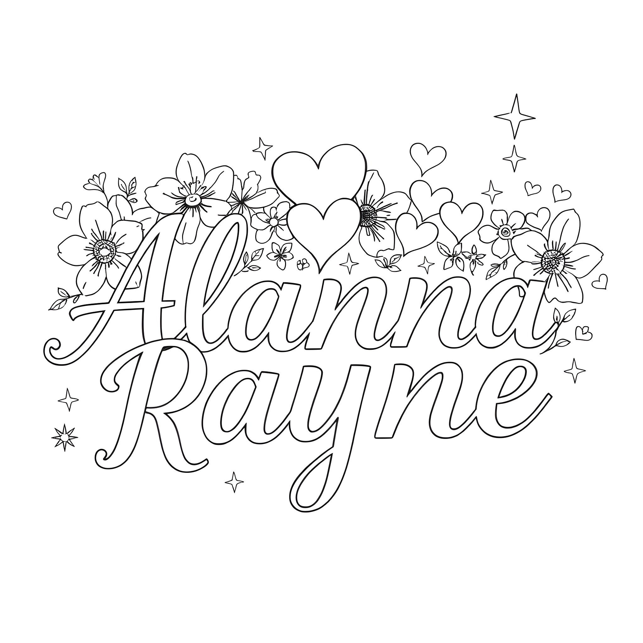 Font of flowers and hearts Coloring Page (free black-and-white line drawing printable PDF for all, from beginners to advanced learners, including children, teens, adults, and seniors)