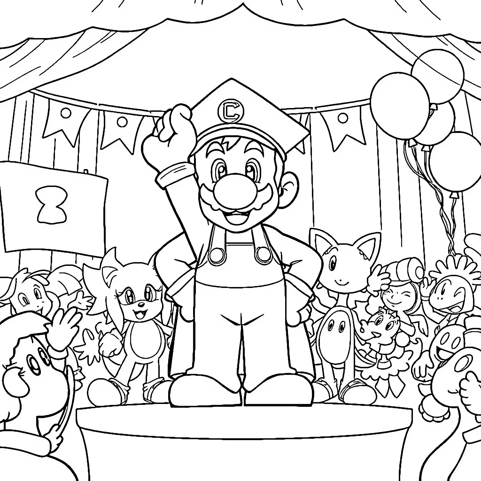Mario's Celebration with Friends and Decorations Coloring Page (free black-and-white line drawing printable PDF for all, from beginners to advanced learners, including children, teens, adults, and seniors)