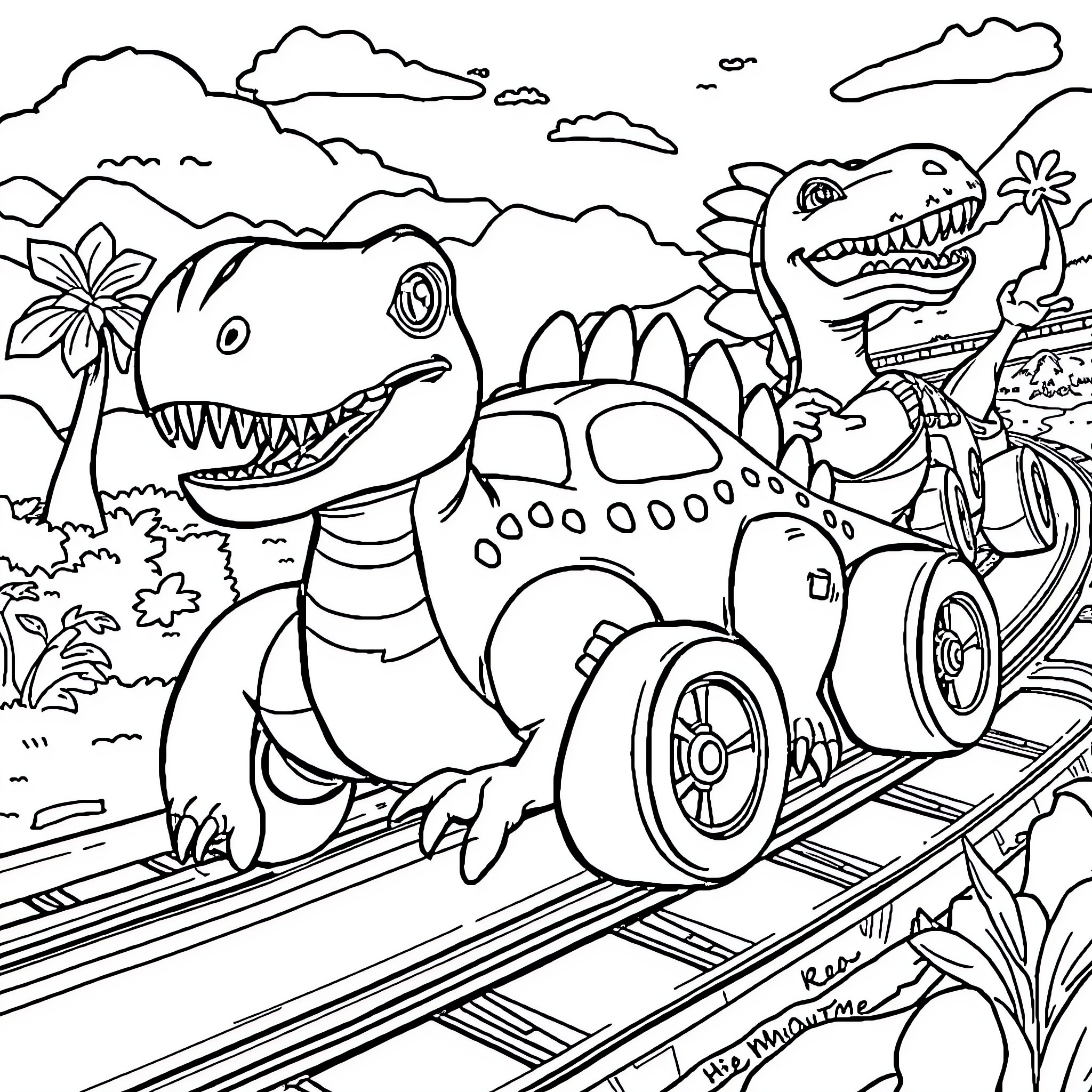 Dinosaurs playing on a colorful jungle track Coloring Page (free black-and-white line drawing printable PDF for all, from beginners to advanced learners, including children, teens, adults, and seniors)