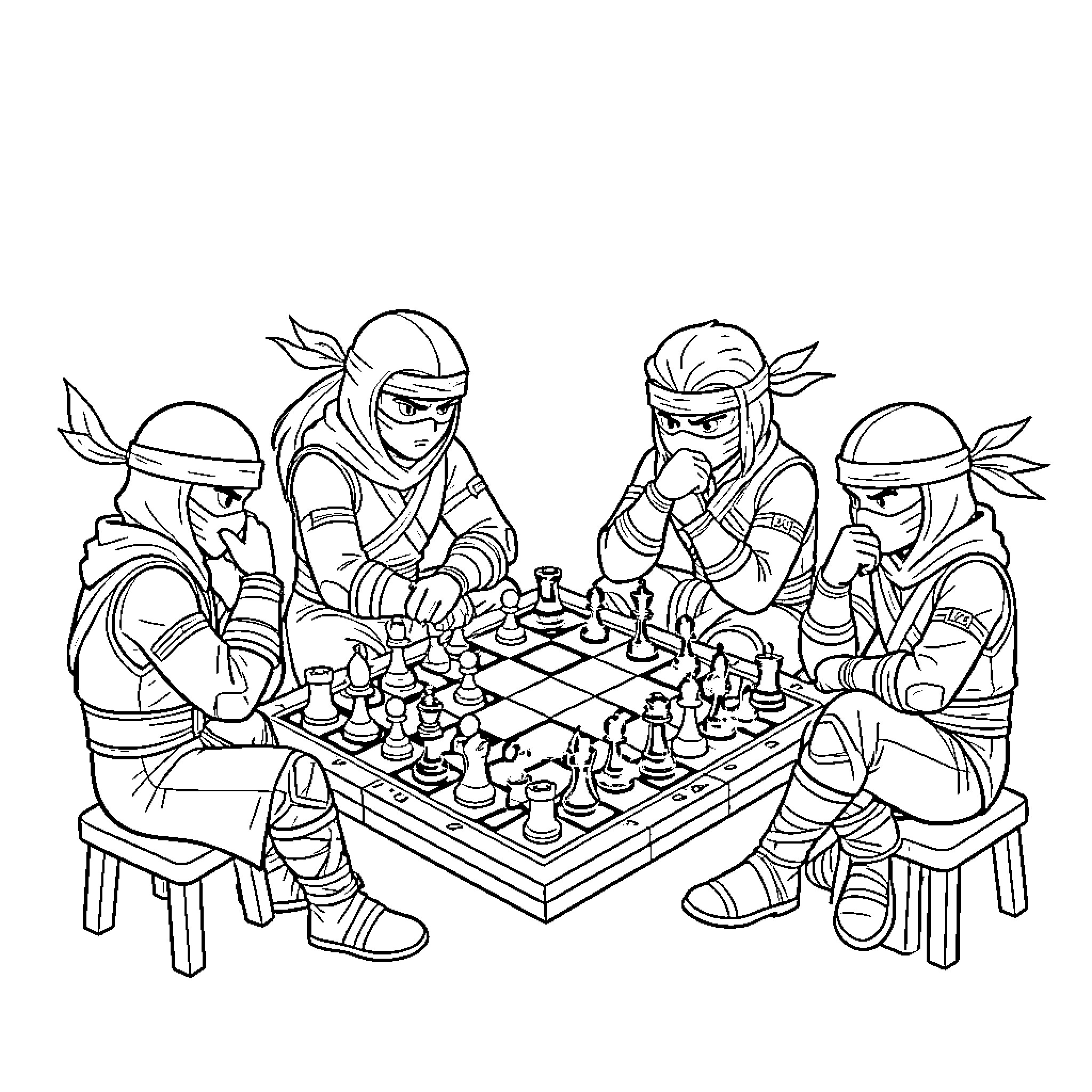 Ninjago characters focused while playing a game of chess Coloring Page (free black-and-white line drawing printable PDF for all, from beginners to advanced learners, including children, teens, adults, and seniors)