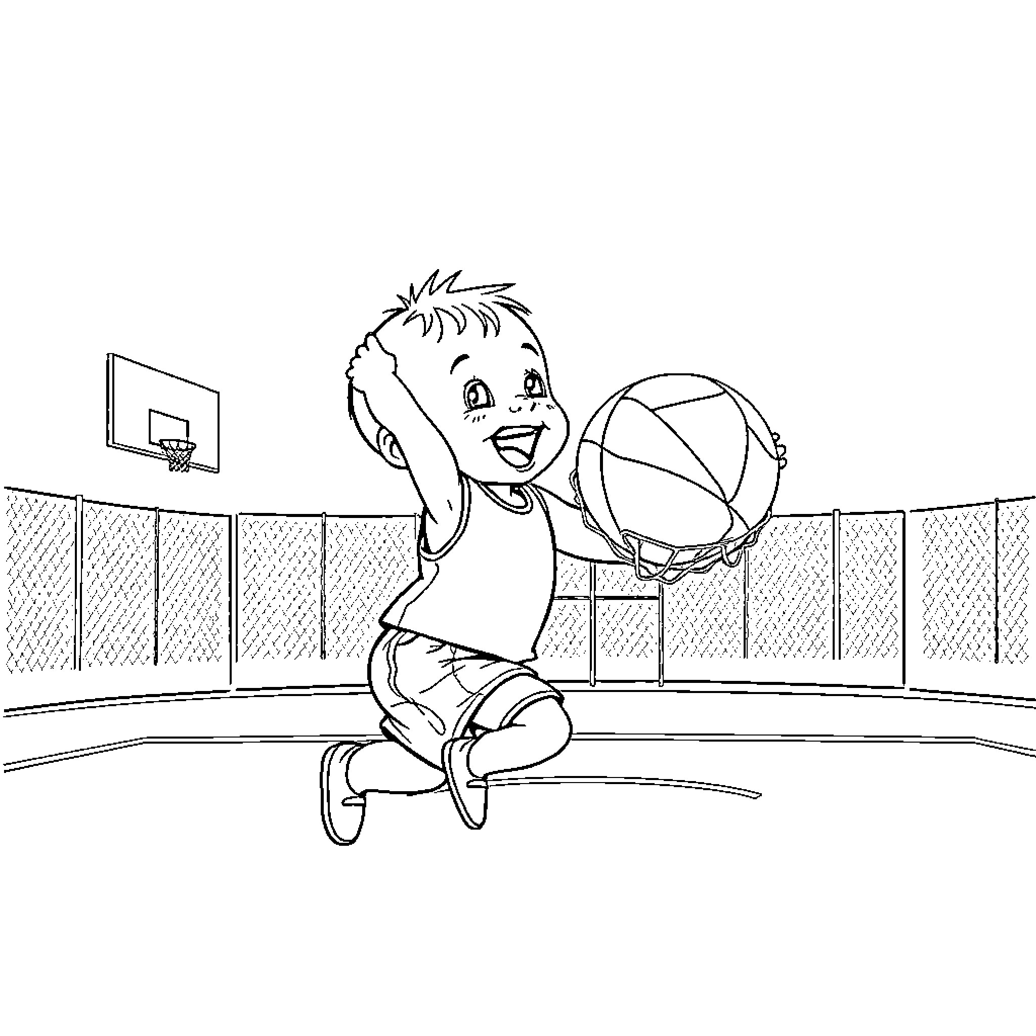 Baby shooting basketball on indoor court Coloring Page (free black-and-white line drawing printable PDF for all, from beginners to advanced learners, including children, teens, adults, and seniors)