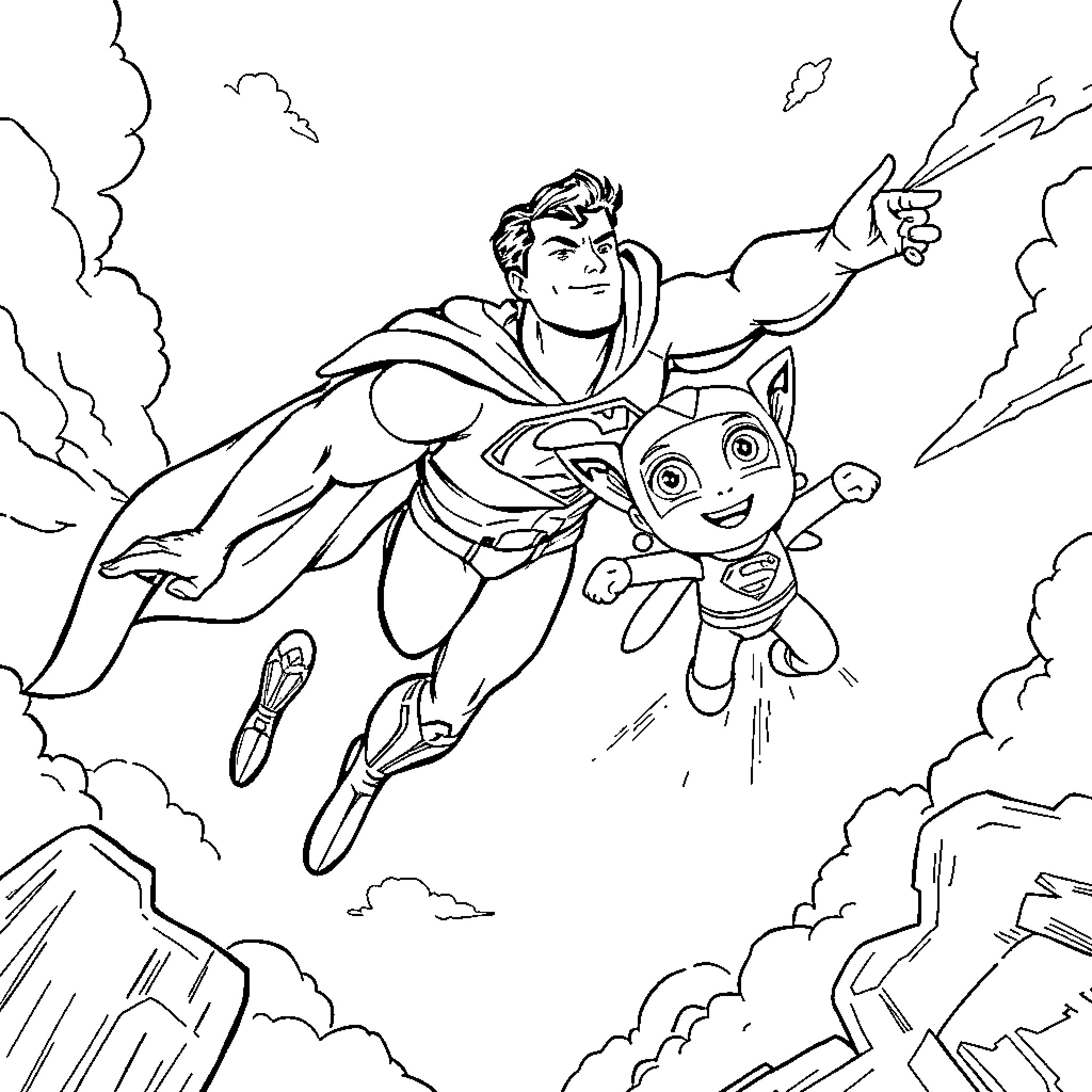Superman saving a distressed cat in the sky Coloring Page (free black-and-white line drawing printable PDF for all, from beginners to advanced learners, including children, teens, adults, and seniors)