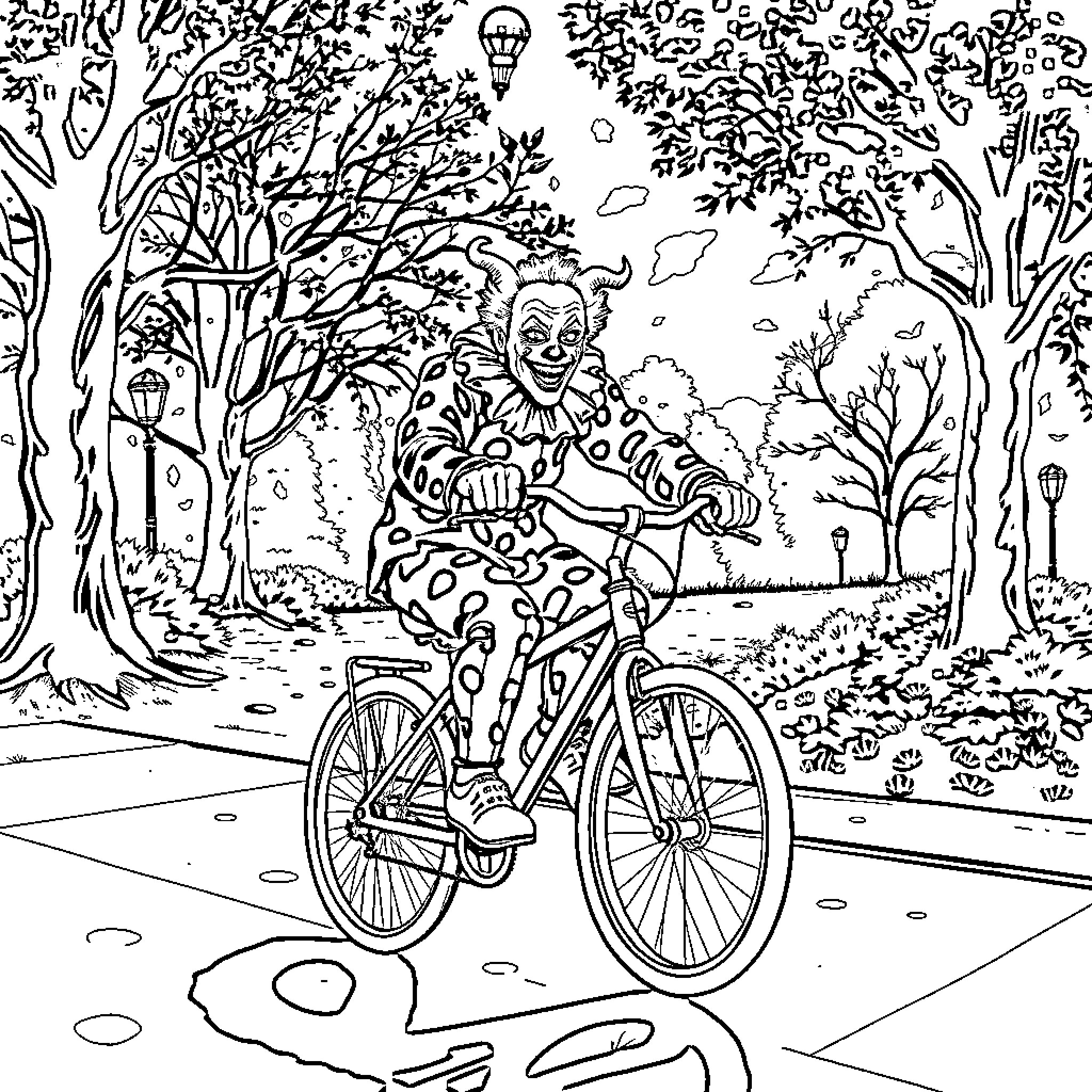 Clown Riding Bicycle Through Whimsical Forest Coloring Page (free black-and-white line drawing printable PDF for all, from beginners to advanced learners, including children, teens, adults, and seniors)