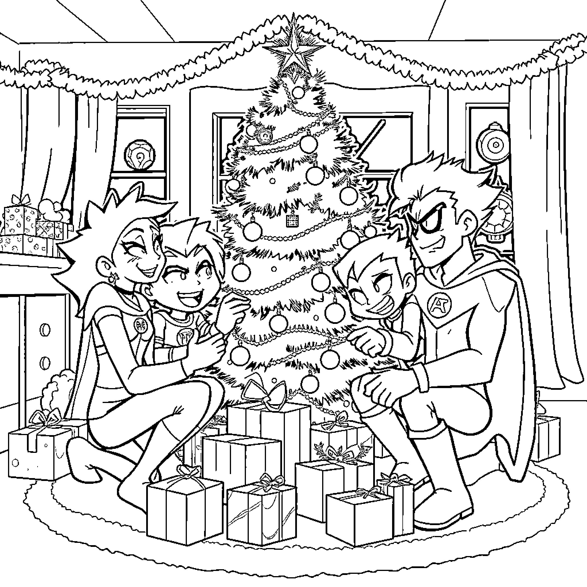 Teen Titans Celebrate Christmas Together Coloring Page (free black-and-white line drawing printable PDF for all, from beginners to advanced learners, including children, teens, adults, and seniors)