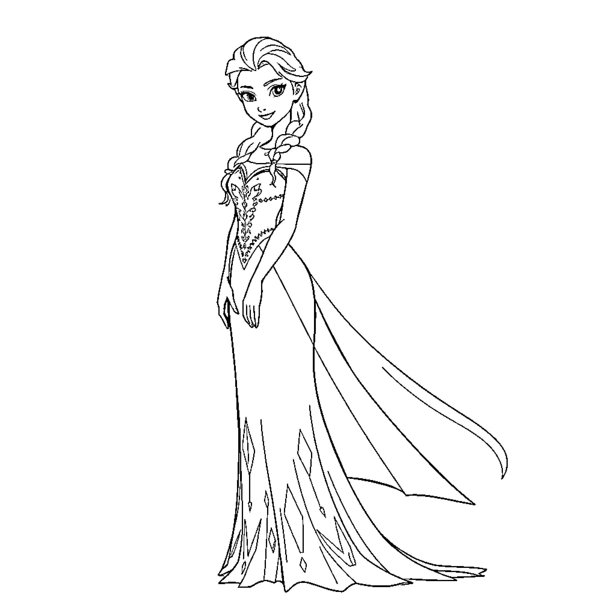 Elsa standing elegantly in a flowing gown Coloring Page (free black-and-white line drawing printable PDF for all, from beginners to advanced learners, including children, teens, adults, and seniors)