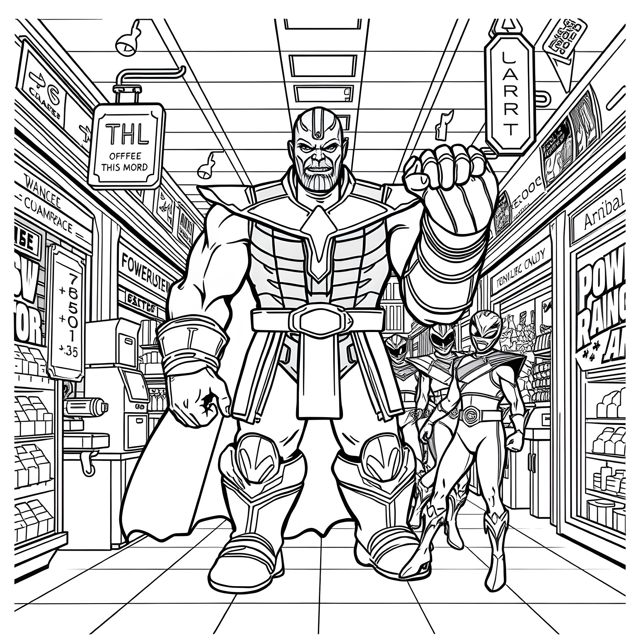 Thanos unleashing his power in a city street Coloring Page (free black-and-white line drawing printable PDF for all, from beginners to advanced learners, including children, teens, adults, and seniors)