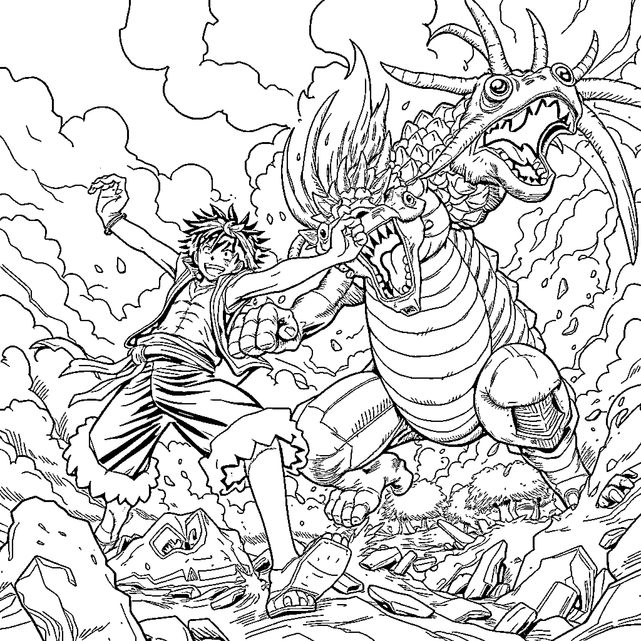 Luffy's Intense Battle with a Ferocious Dragon Coloring Page (free black-and-white line drawing printable PDF for all, from beginners to advanced learners, including children, teens, adults, and seniors)
