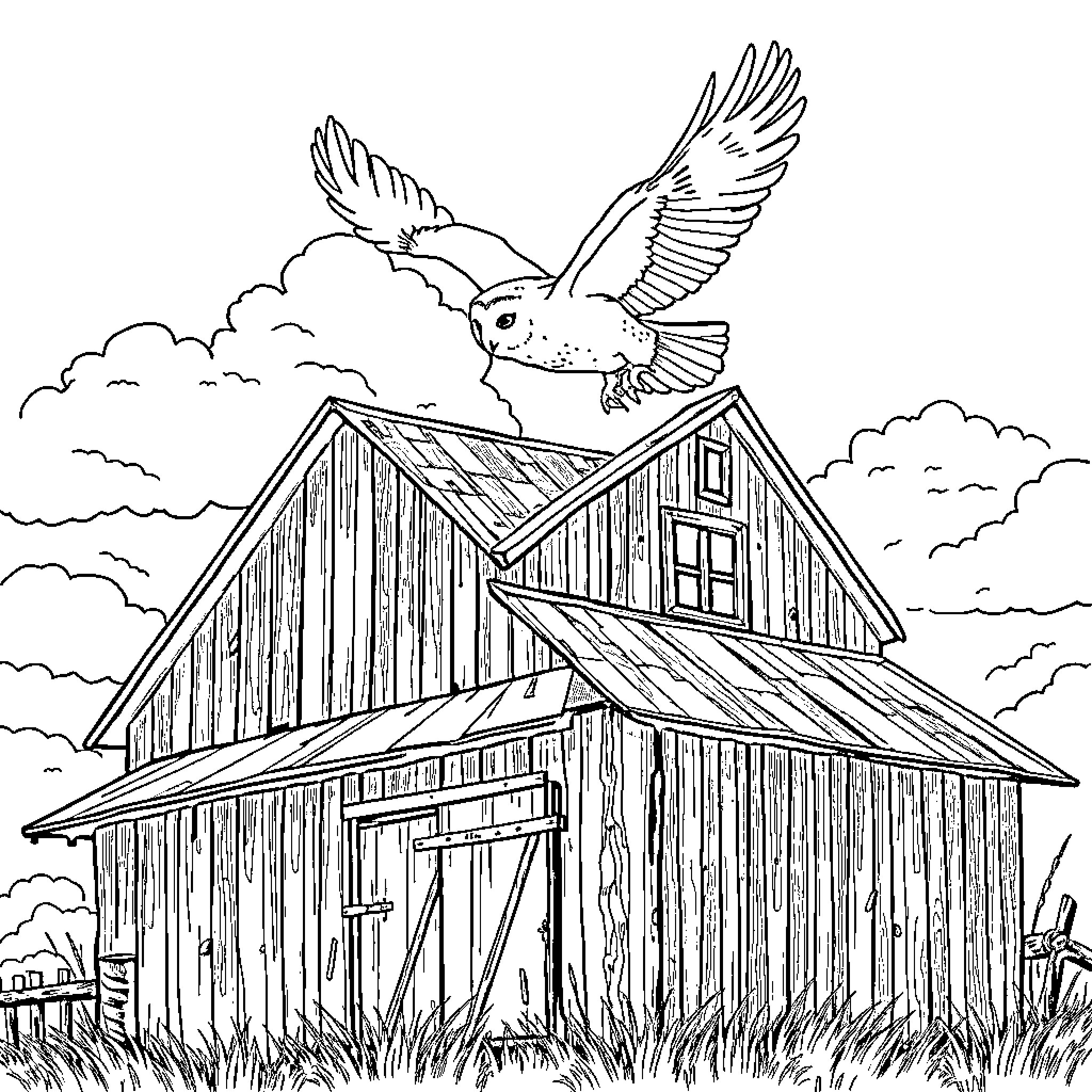 Owl soaring above rustic barn in countryside Coloring Page (free black-and-white line drawing printable PDF for all, from beginners to advanced learners, including children, teens, adults, and seniors)