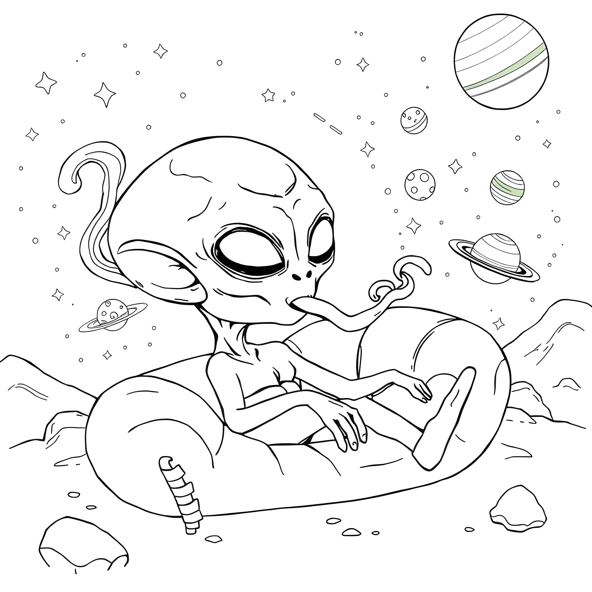 Alien resting on a distant planet Coloring Page (free black-and-white line drawing printable PDF for all, from beginners to advanced learners, including children, teens, adults, and seniors)