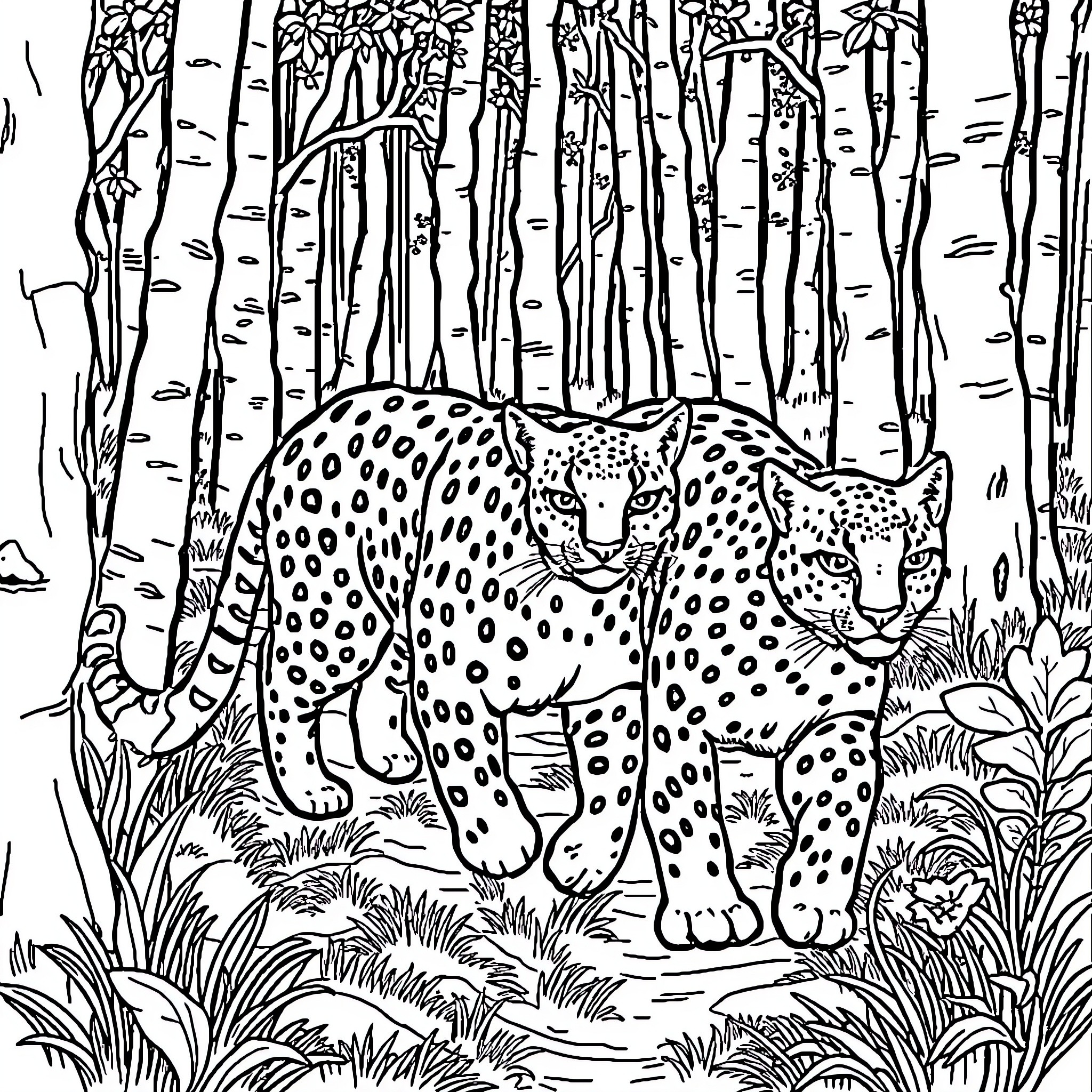 Bobcats stalking through the forest Coloring Page (free black-and-white line drawing printable PDF for all, from beginners to advanced learners, including children, teens, adults, and seniors)