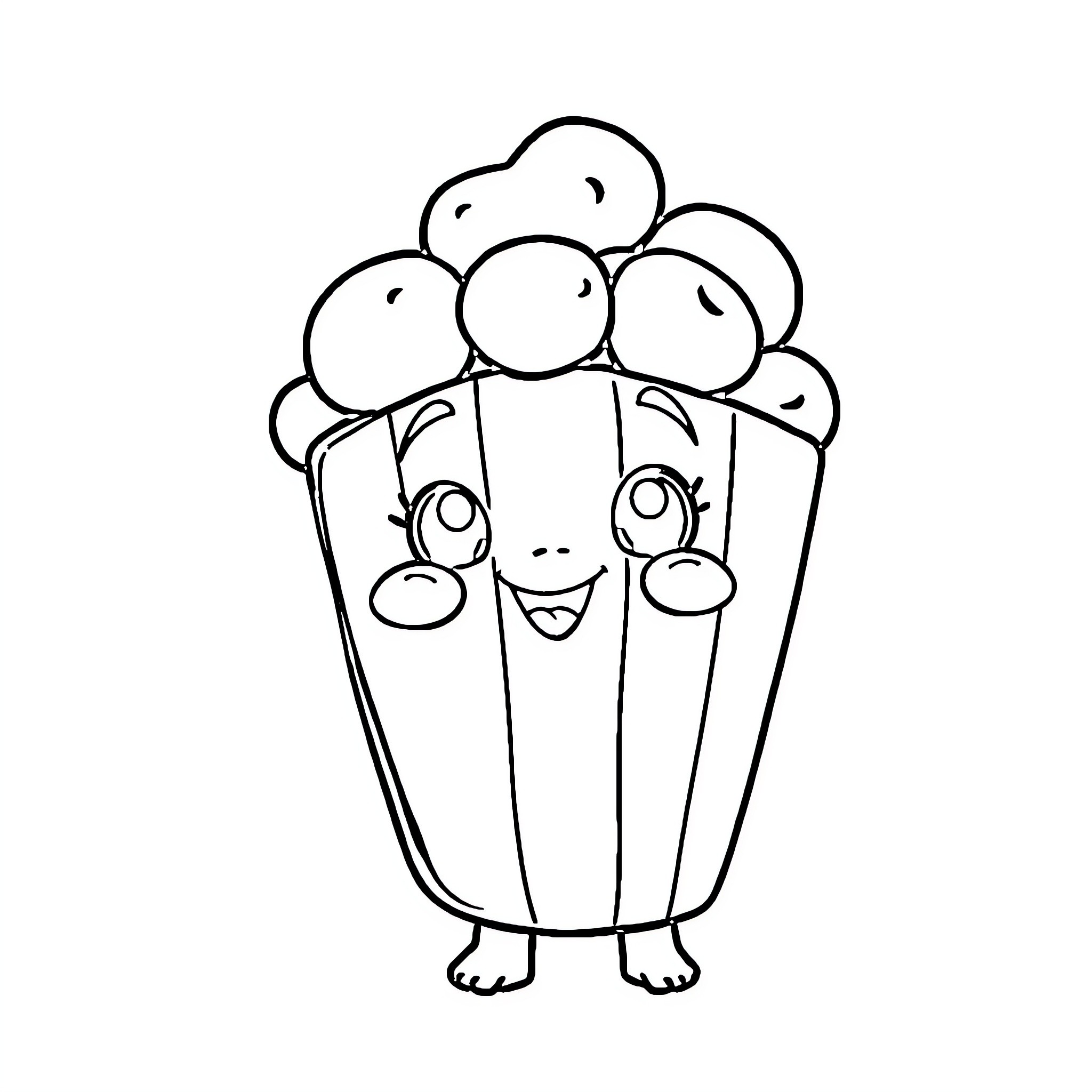 Popcorn characters enjoying an animated performance Coloring Page (free black-and-white line drawing printable PDF for all, from beginners to advanced learners, including children, teens, adults, and seniors)