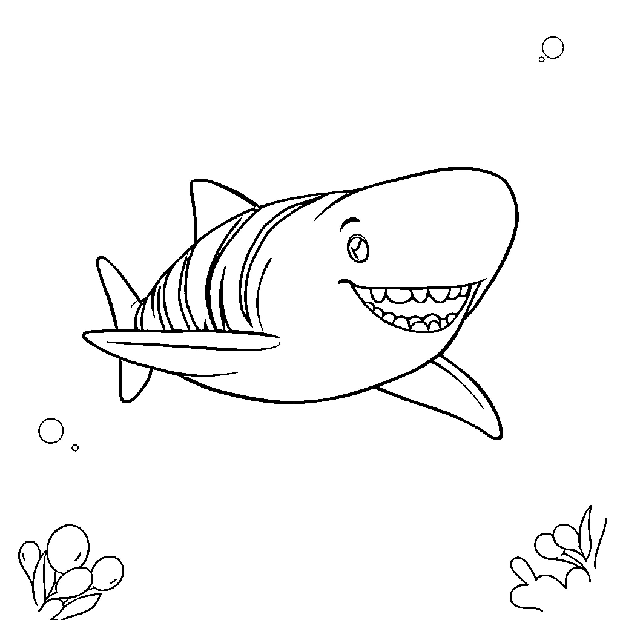 Tiger Shark Swimming with Enthusiastic Expression Coloring Page (free black-and-white line drawing printable PDF for all, from beginners to advanced learners, including children, teens, adults, and seniors)