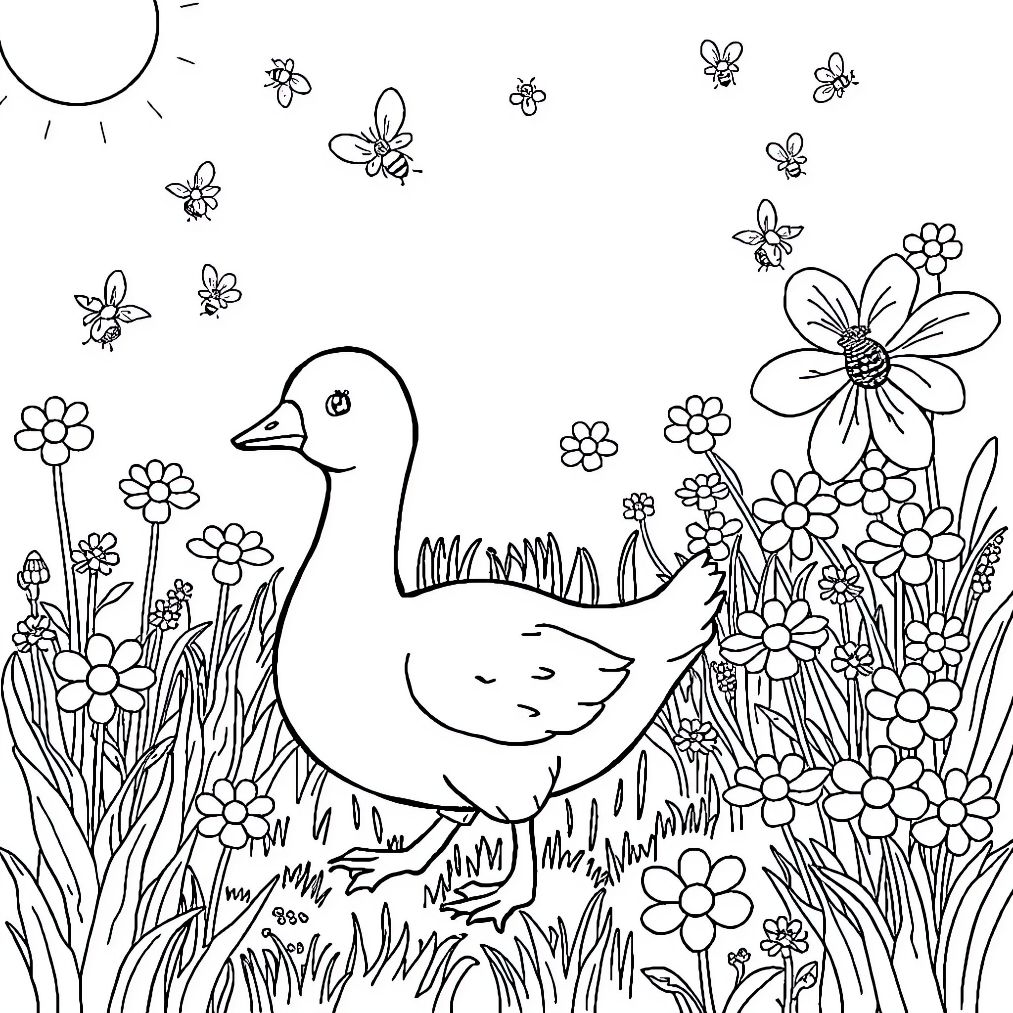Goose wandering amidst blooming flowers Coloring Page (free black-and-white line drawing printable PDF for all, from beginners to advanced learners, including children, teens, adults, and seniors)