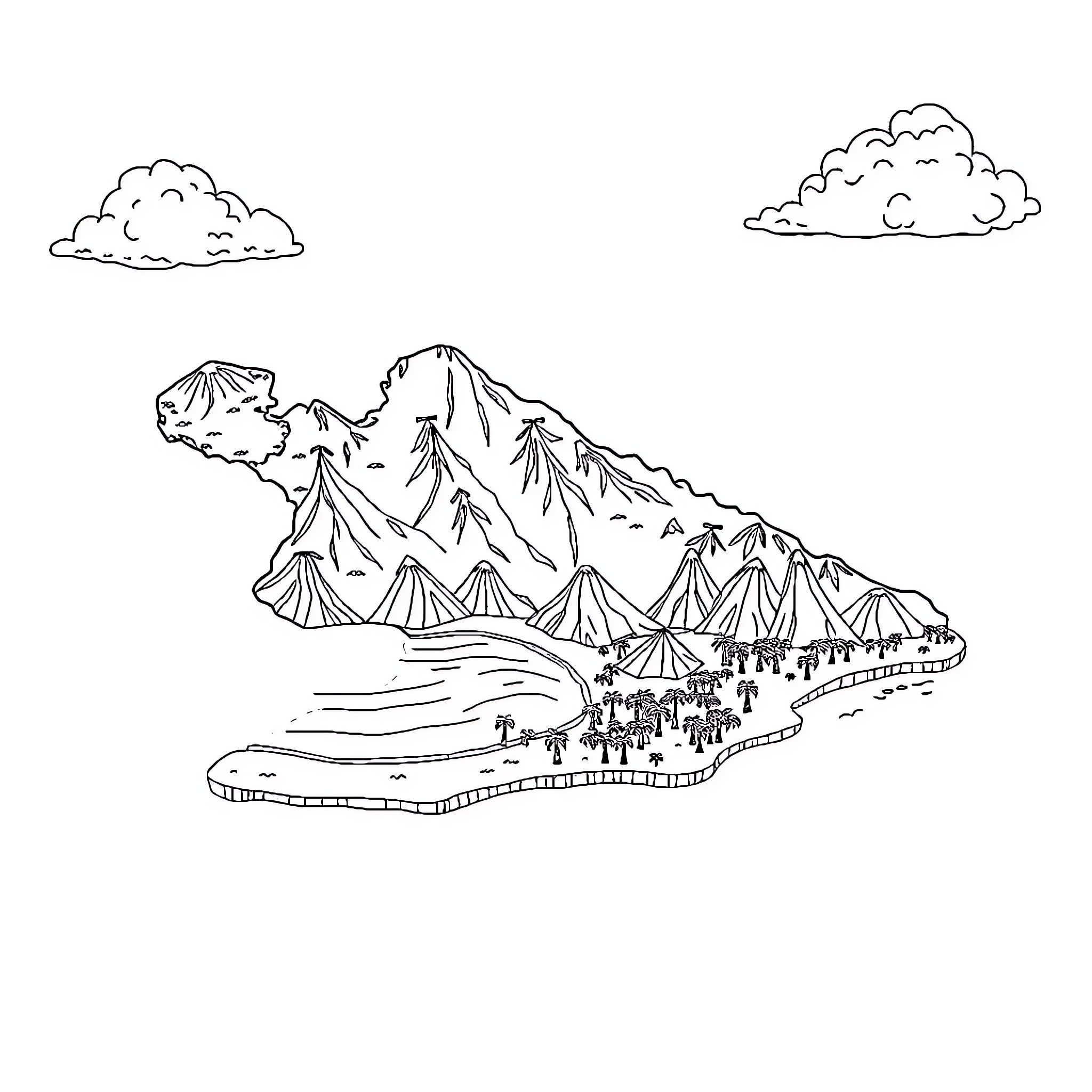 Map of mountainous landscape with camping tents Coloring Page (free black-and-white line drawing printable PDF for all, from beginners to advanced learners, including children, teens, adults, and seniors)