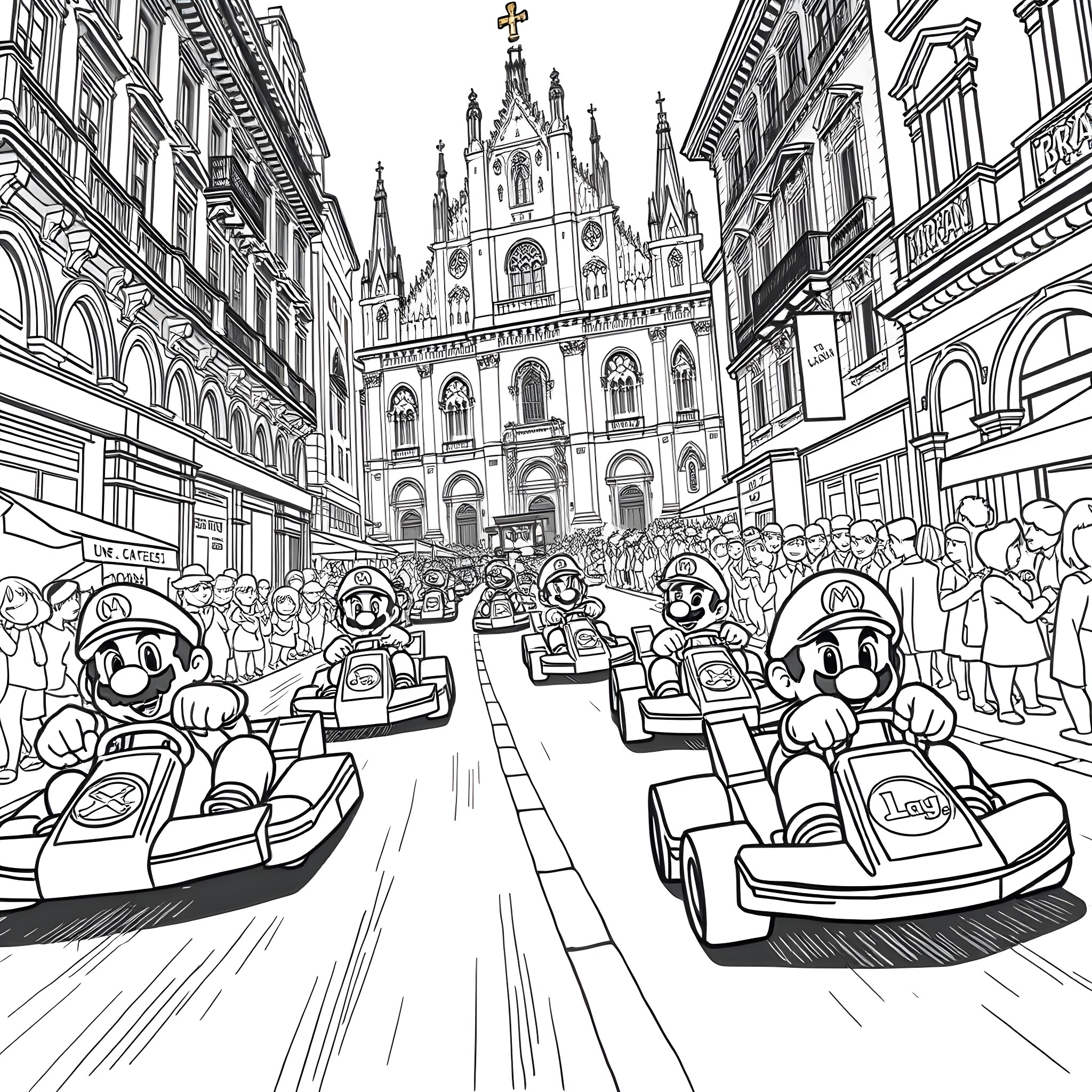 Super Mario Kart Racers Speeding Through City Streets Coloring Page (free black-and-white line drawing printable PDF for all, from beginners to advanced learners, including children, teens, adults, and seniors)