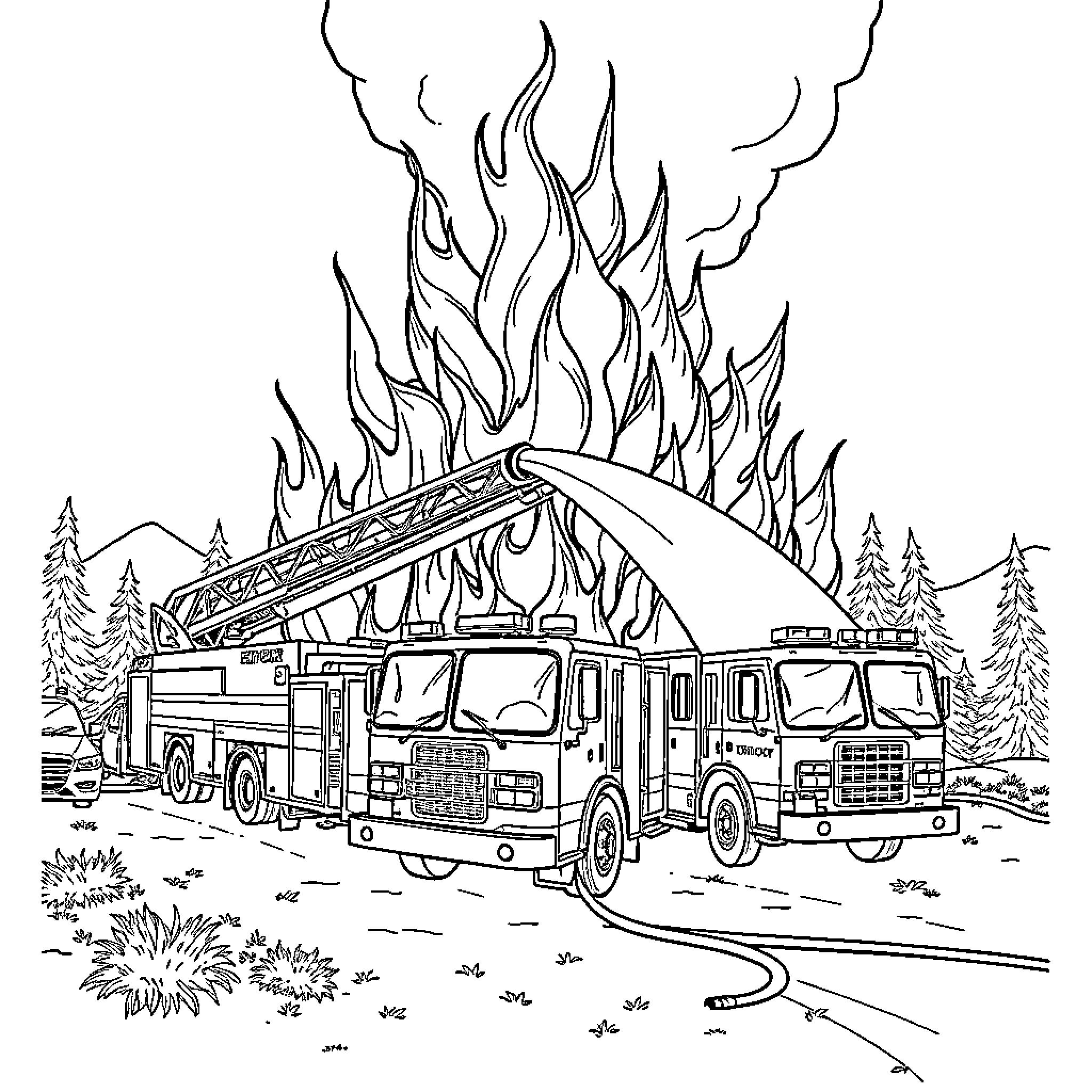 Firetruck battling a blaze in the wilderness Coloring Page (free black-and-white line drawing printable PDF for all, from beginners to advanced learners, including children, teens, adults, and seniors)