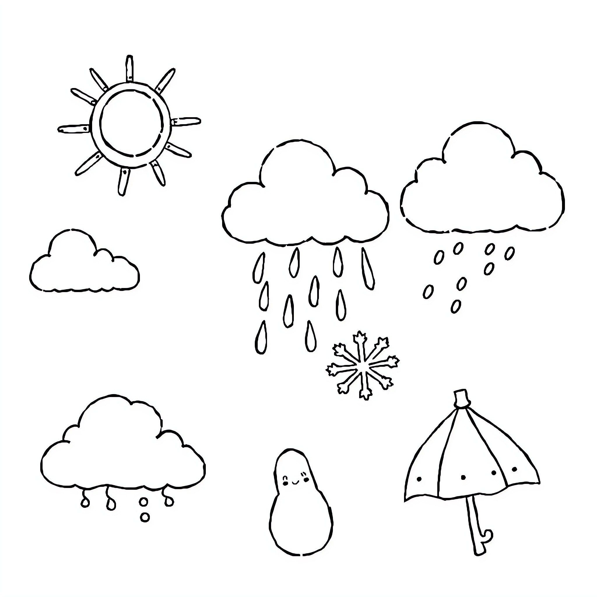 Weather-themed doodles with sun, clouds, and rain Coloring Page (free black-and-white line drawing printable PDF for all, from beginners to advanced learners, including children, teens, adults, and seniors)