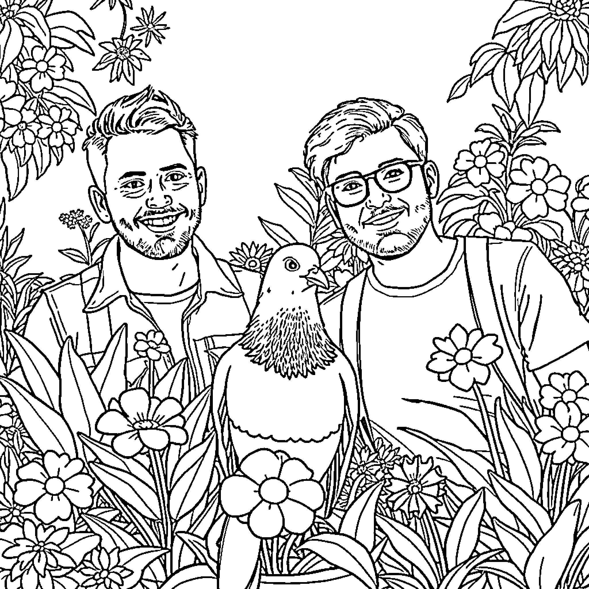 Dan Howell posing with a pet bird in a floral garden Coloring Page (free black-and-white line drawing printable PDF for all, from beginners to advanced learners, including children, teens, adults, and seniors)