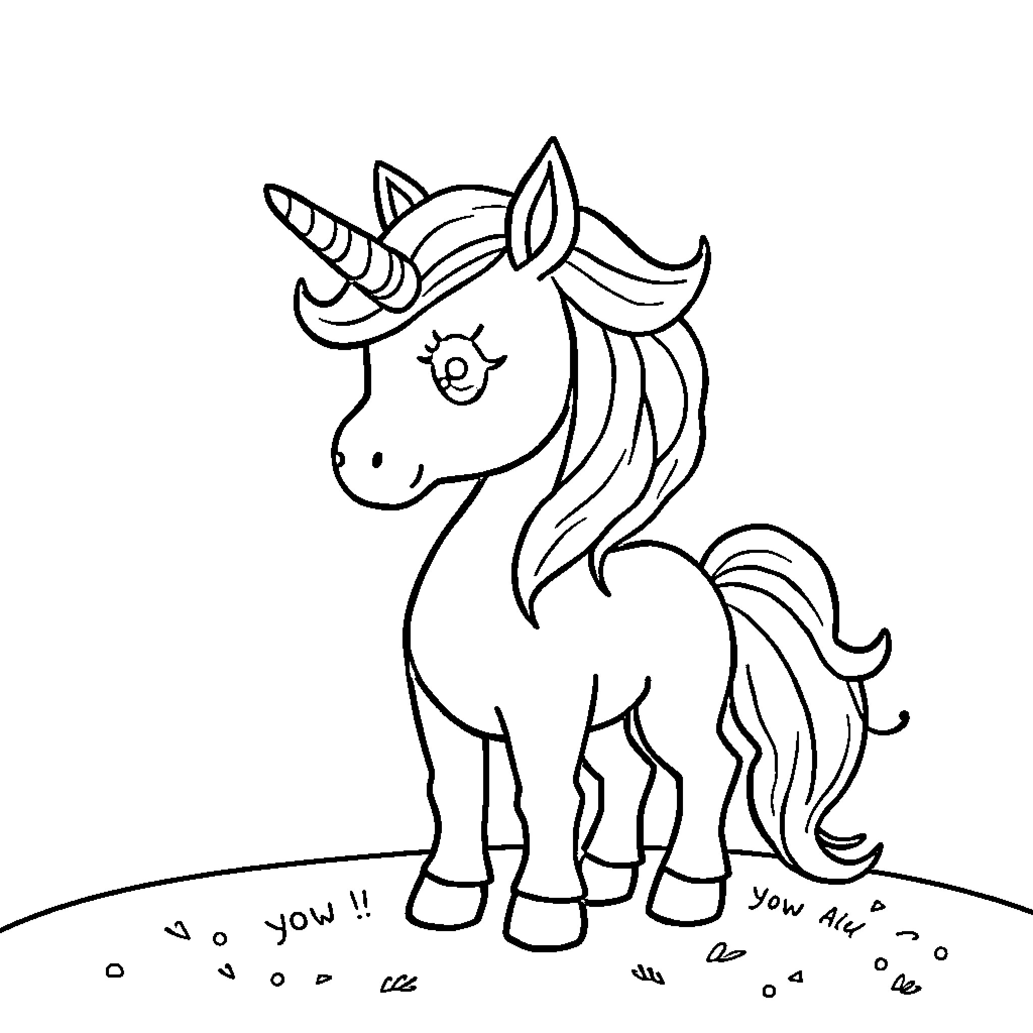 Unicorn happily standing in field Coloring Page (free black-and-white line drawing printable PDF for all, from beginners to advanced learners, including children, teens, adults, and seniors)